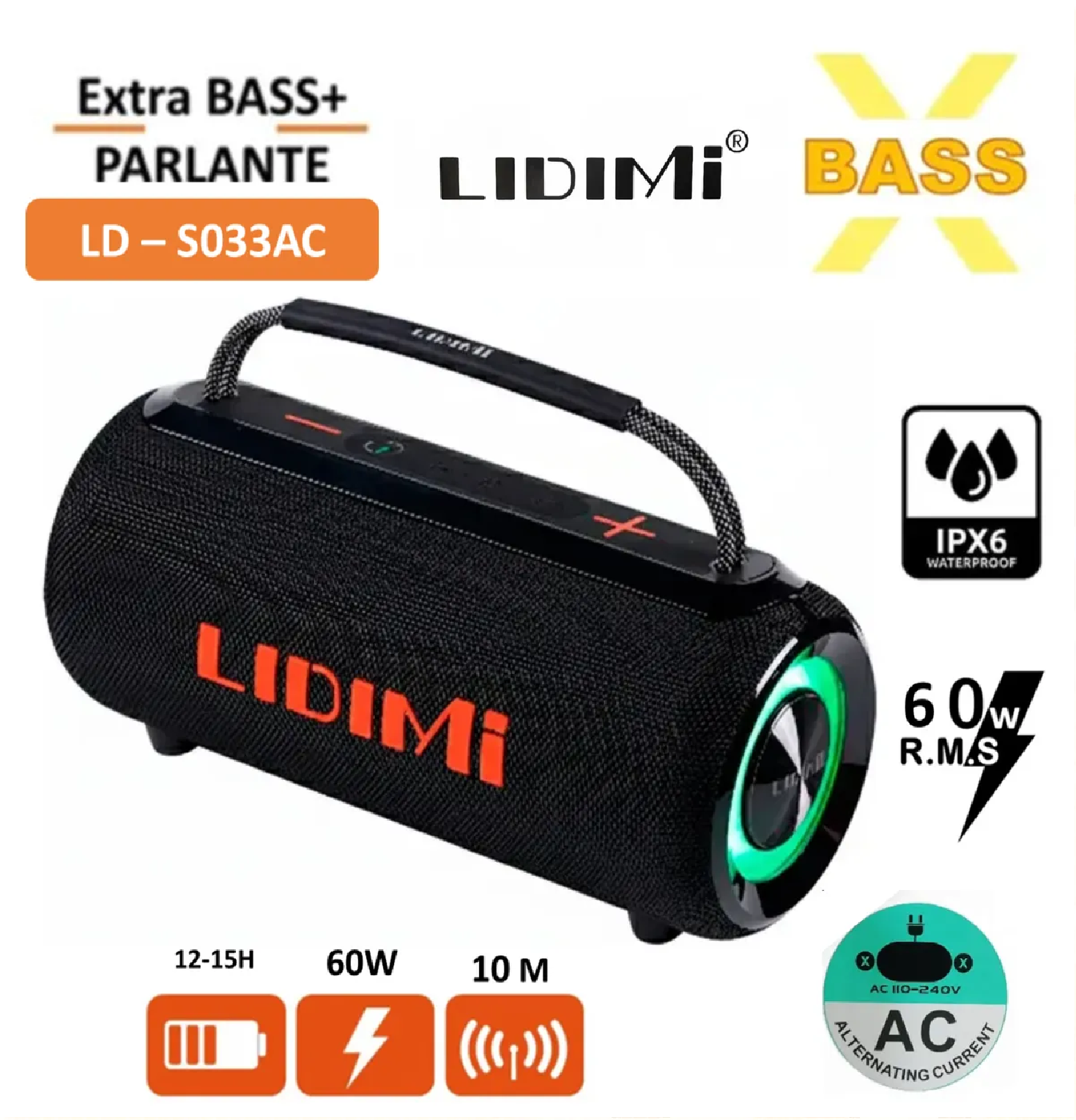 PARLANTE PORTÁTIL LIDIMI LD-S033AC BLUETOOTH 60W USB TF - NEGRO - 1