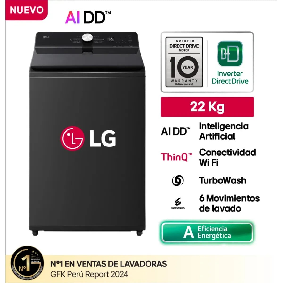 Lavadora LG WT22OBTX 22Kg con Inteligencia Artificial Carga Superior - Negro Onyx - 1