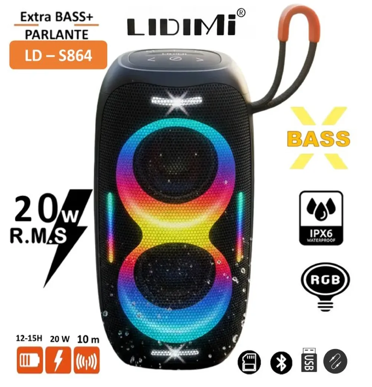 PARLANTE PORTÁTIL LIDIMI LD-S864 20W BLUETOOTH CON LUCES RGB - 1