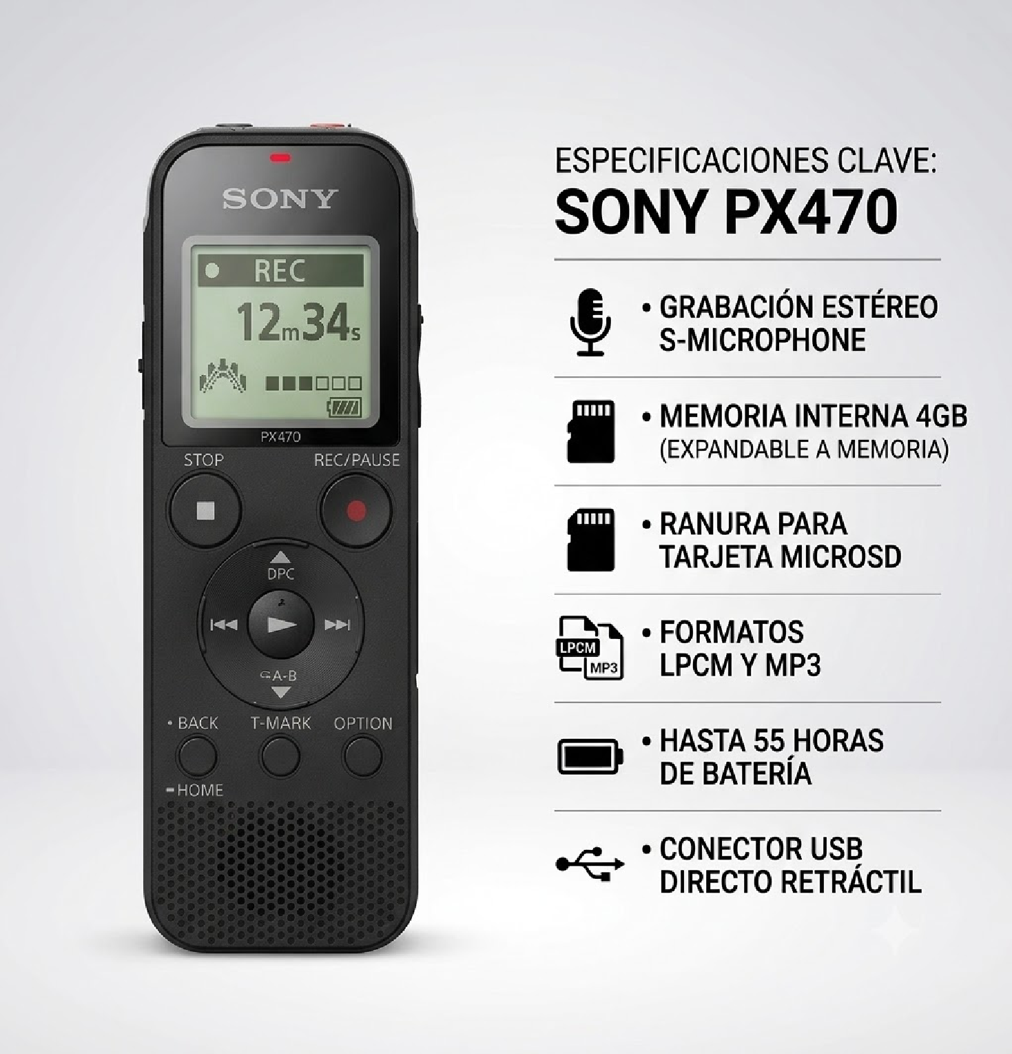 GRABADOR DE VOZ DIGITAL SONY ICD-PX470 - NEGRO - 1