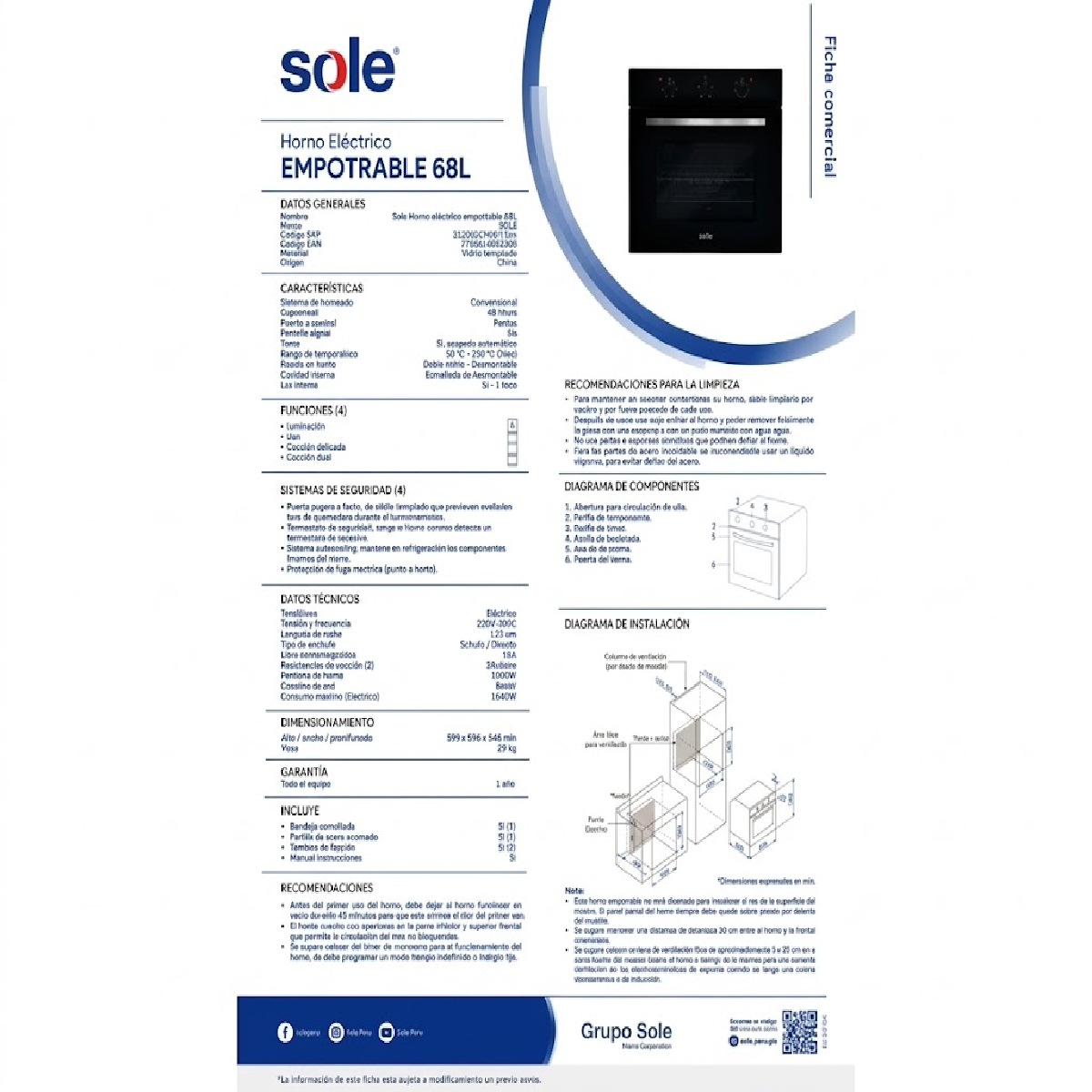 HORNO EMPOTRABLE ELÉCTRICO SOLE SOLHO013V4 68L - NEGRO - 6