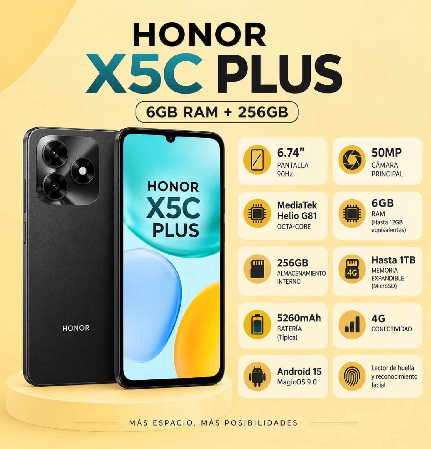 CELULAR HONOR X5C PLUS 6GB RAM 256GB 6.74' 50MP - NEGRO - 1