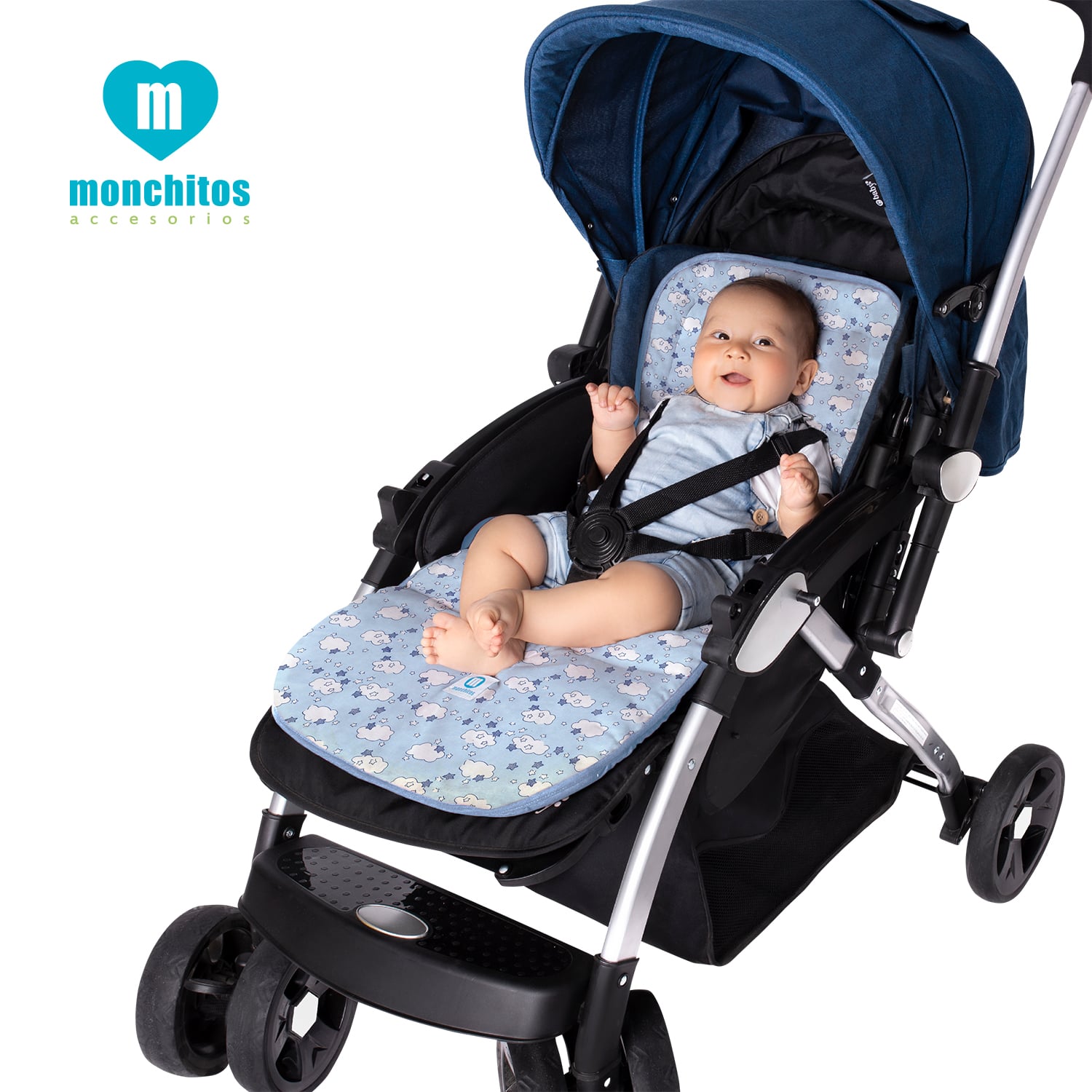 COLCHONCITO PARA COCHE BEBÉ MONCHITOS ACCESORIOS NUBES 86 X 41 CM CELESTE - 1