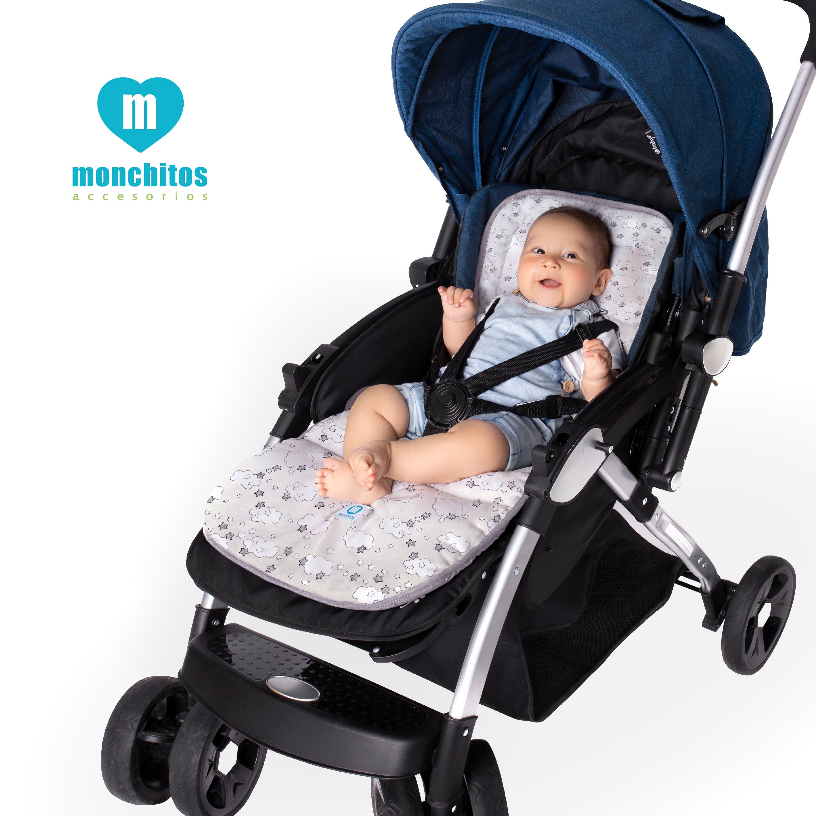 COLCHONCITO PARA COCHE BEBÉ MONCHITOS ACCESORIOS NUBES 86 X 41 CM PLOMO - 1