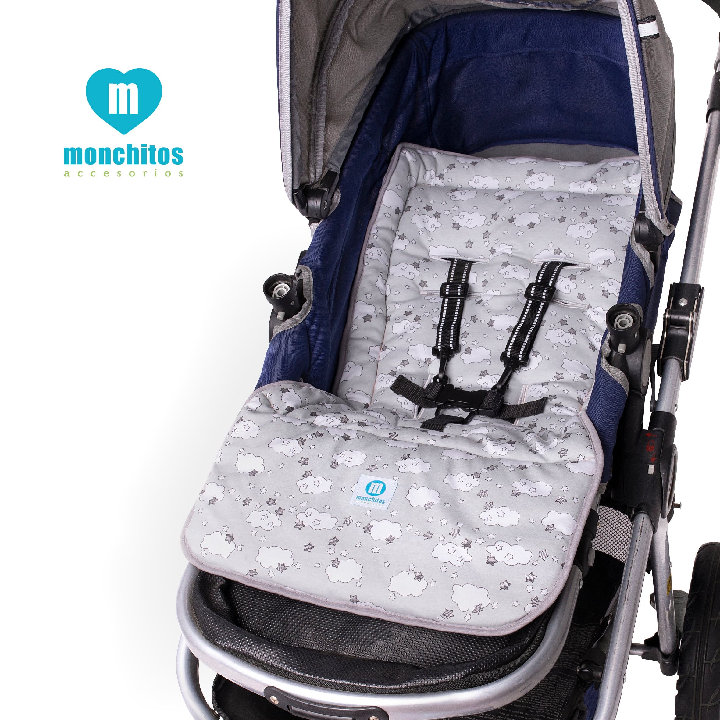 COLCHONCITO PARA COCHE BEBÉ MONCHITOS ACCESORIOS NUBES 86 X 41 CM PLOMO - 2
