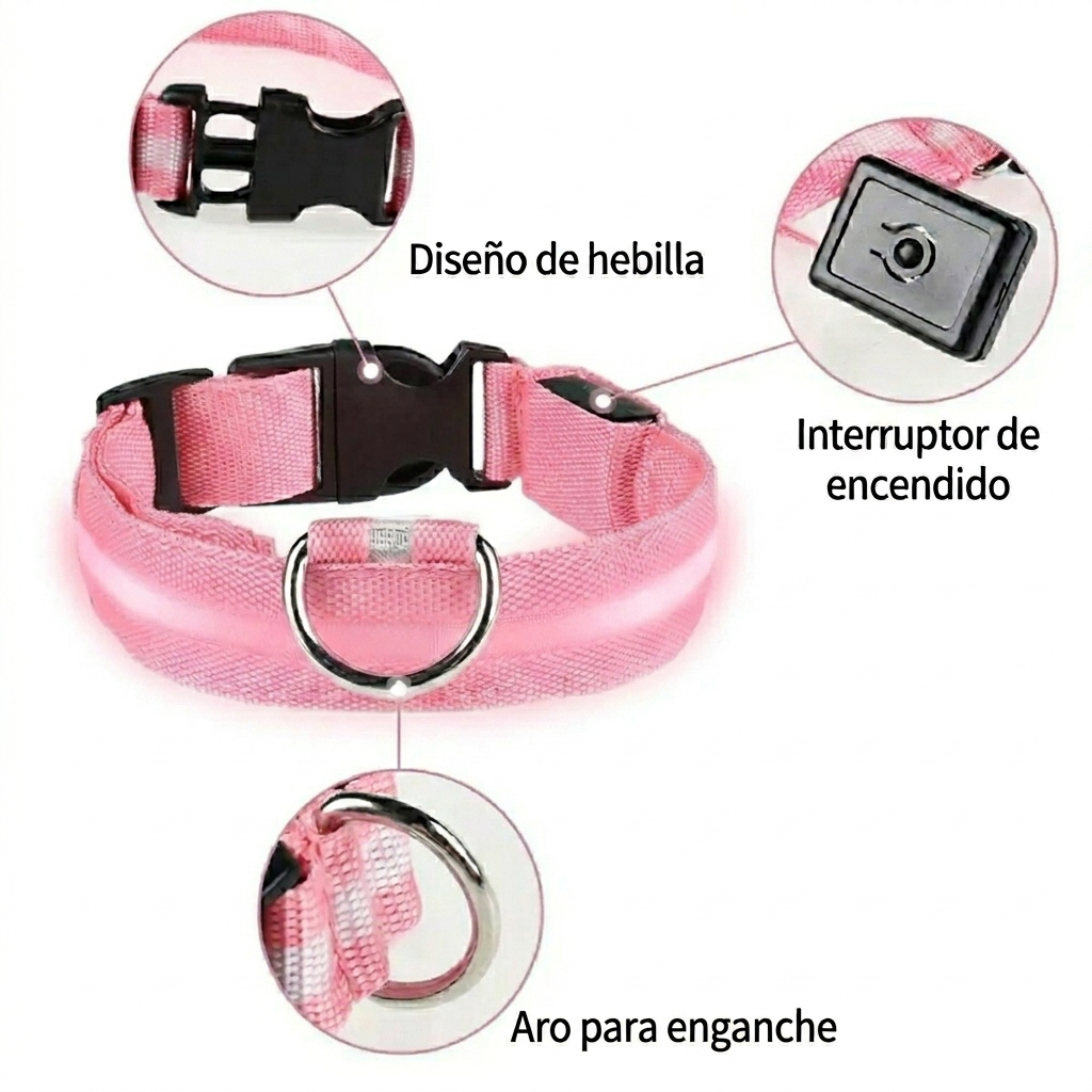 COLLAR PERROS Y GATOS CON LUCES ROSADO - 2