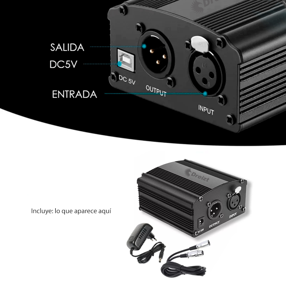 PHANTOM POWER DREIZT 48V PARA MICRÓFONO CONDENSADOR YOUTUBE ESTUDIO NEGRO - 3
