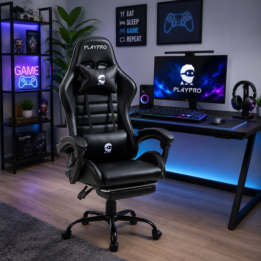 SILLA GAMER CON MASAJEADOR LUMBAR PLAYPRO X1 NEGRO BASE DE METAL - 1
