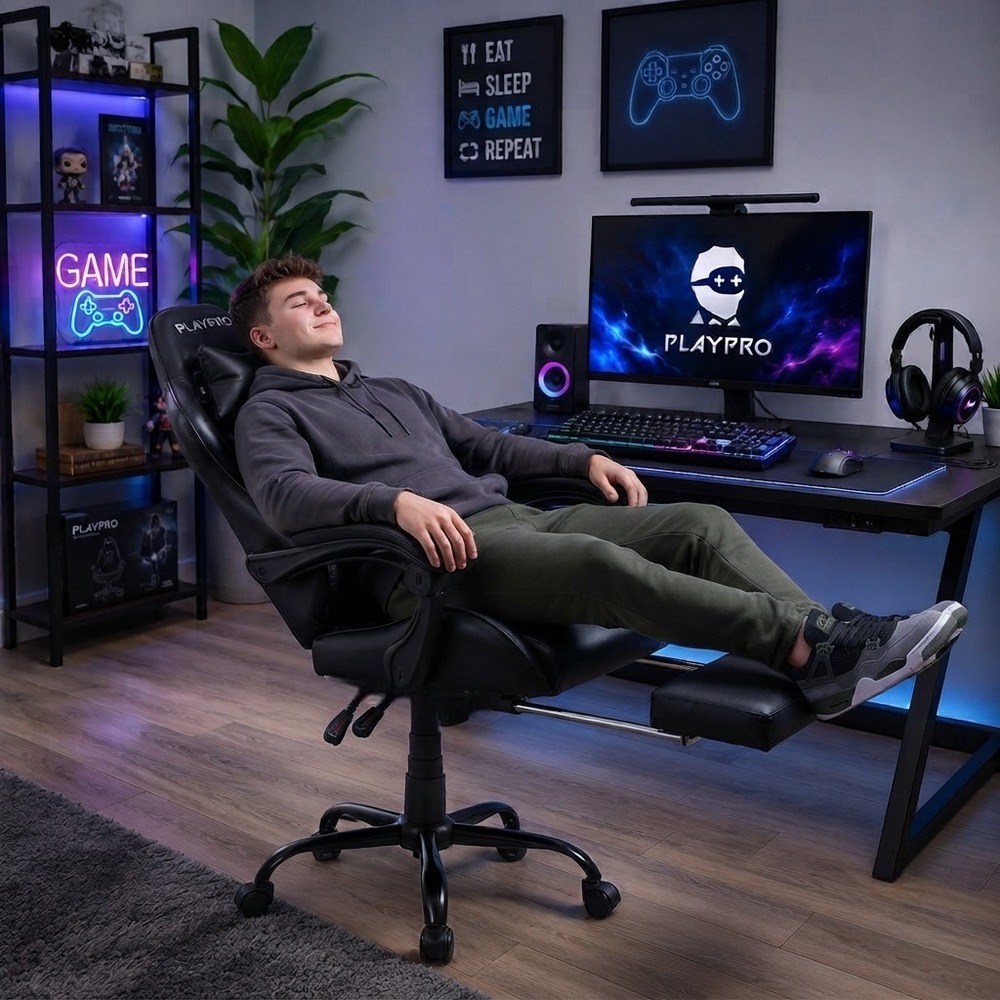 SILLA GAMER CON MASAJEADOR LUMBAR PLAYPRO X1 NEGRO BASE DE METAL - 2