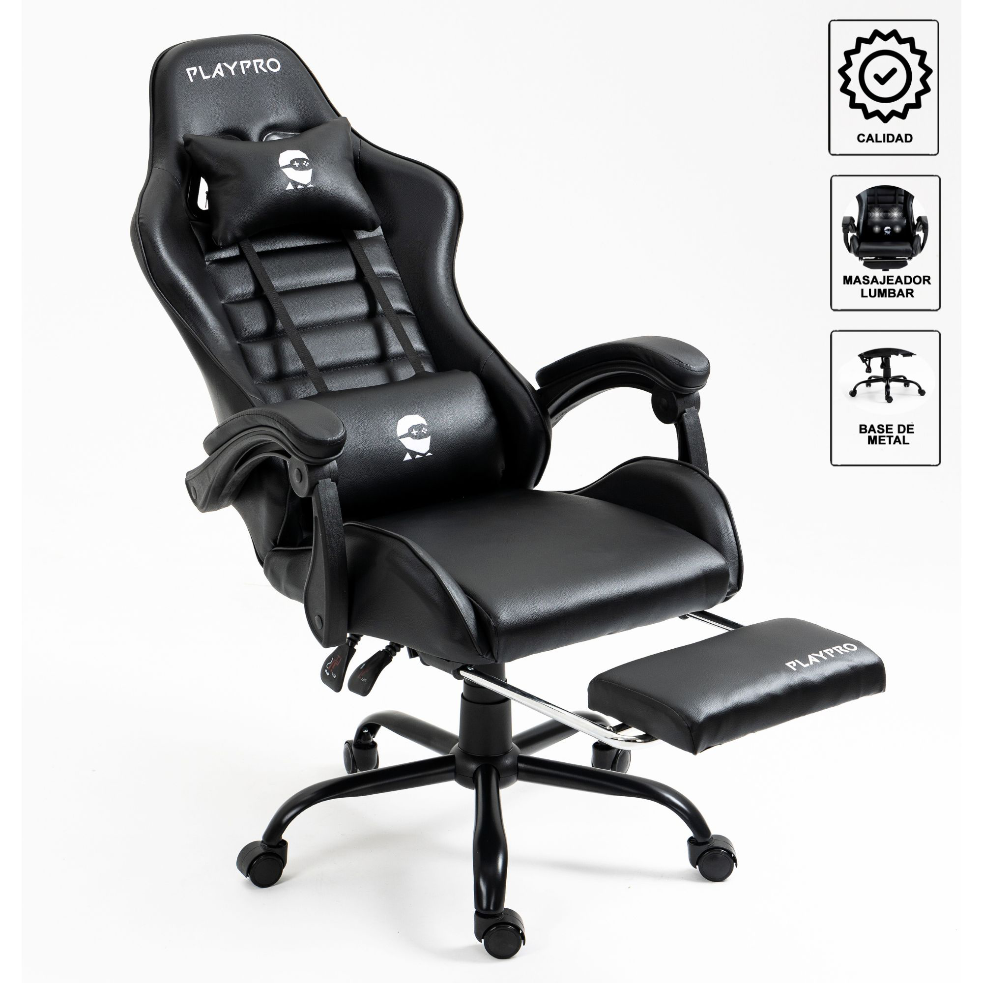 SILLA GAMER CON MASAJEADOR LUMBAR PLAYPRO X1 NEGRO BASE DE METAL - 3