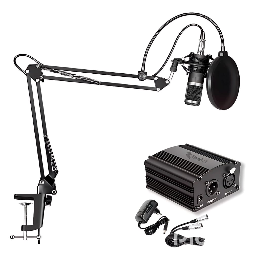 COMBO MICRÓFONO BM 800 DREIZT PROFESIONAL NEGRO Y PHANTOM POWER DREIZT PARA STREAM Y ESTUDIO - 1