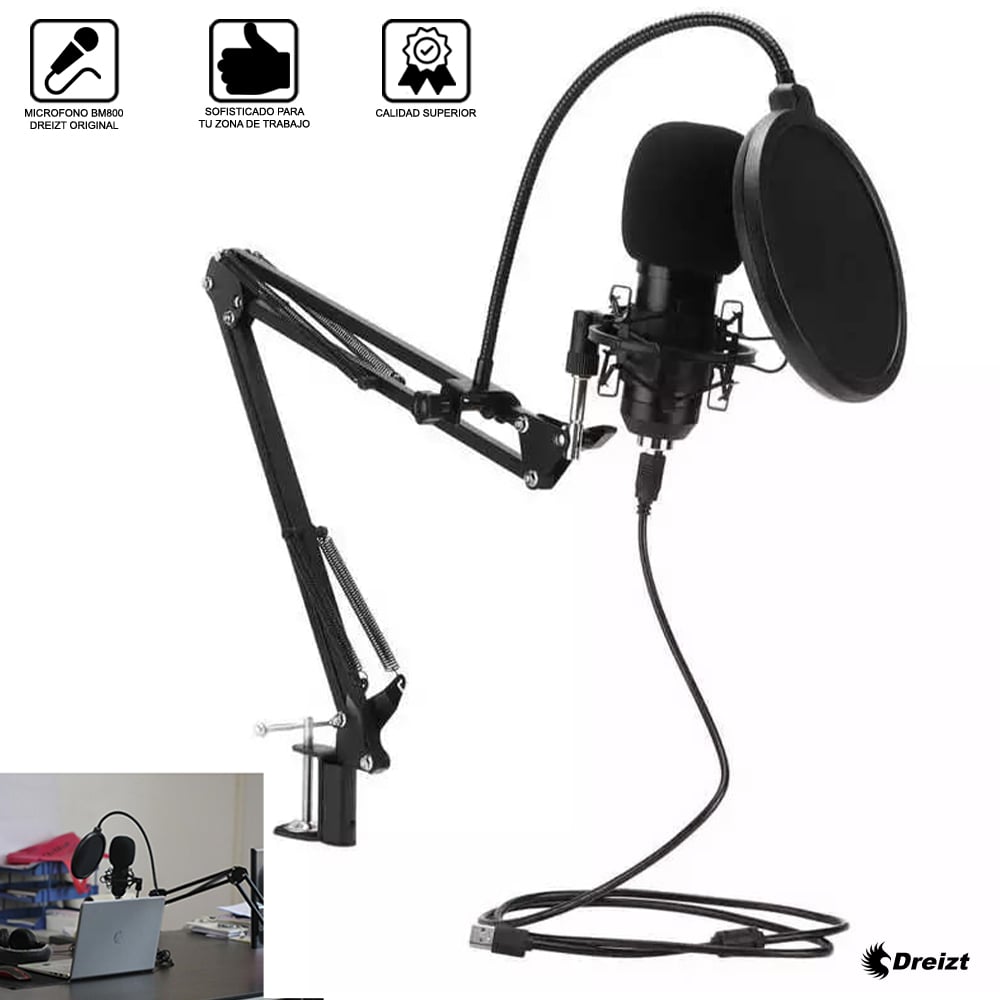 COMBO MICRÓFONO BM 800 DREIZT PROFESIONAL NEGRO Y PHANTOM POWER DREIZT PARA STREAM Y ESTUDIO - 3