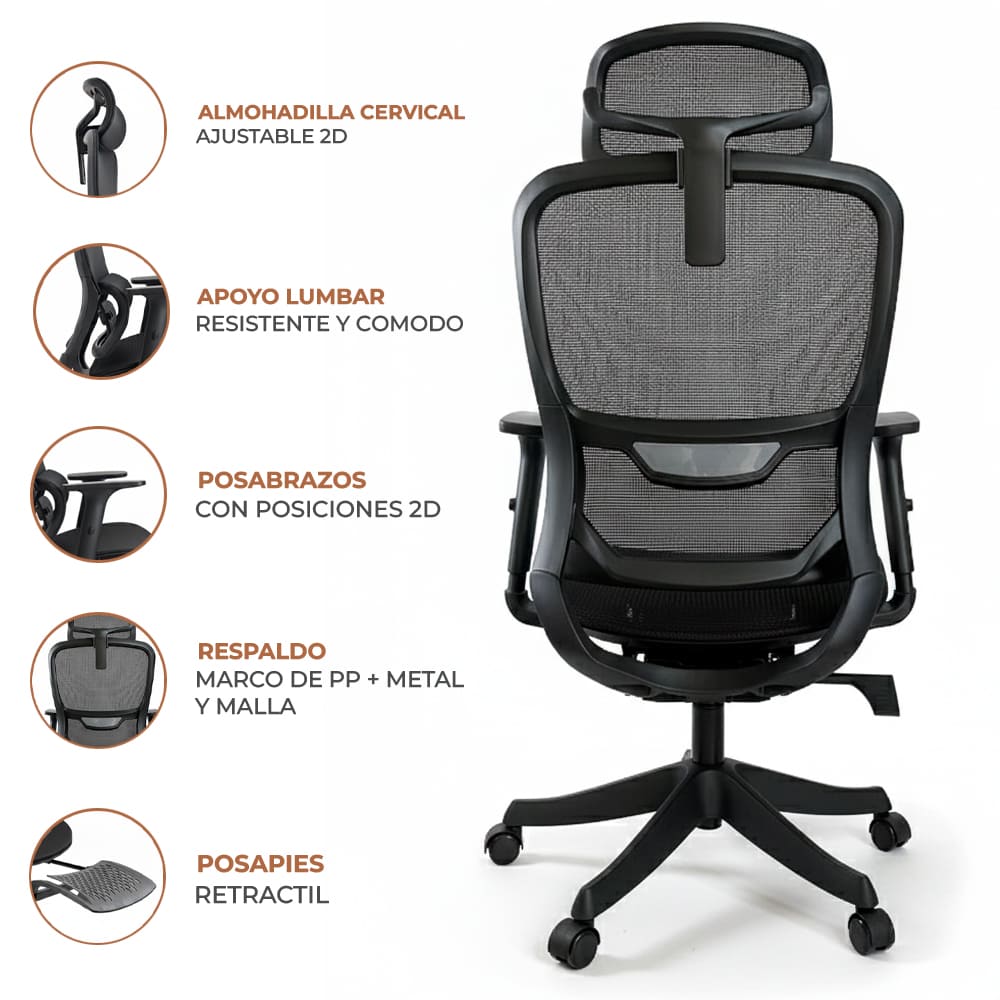 SILLA ERGONOMICA DE OFICINA GERENCIAL KOMSUM PARIS NEGRO CON POSAPIES - 6