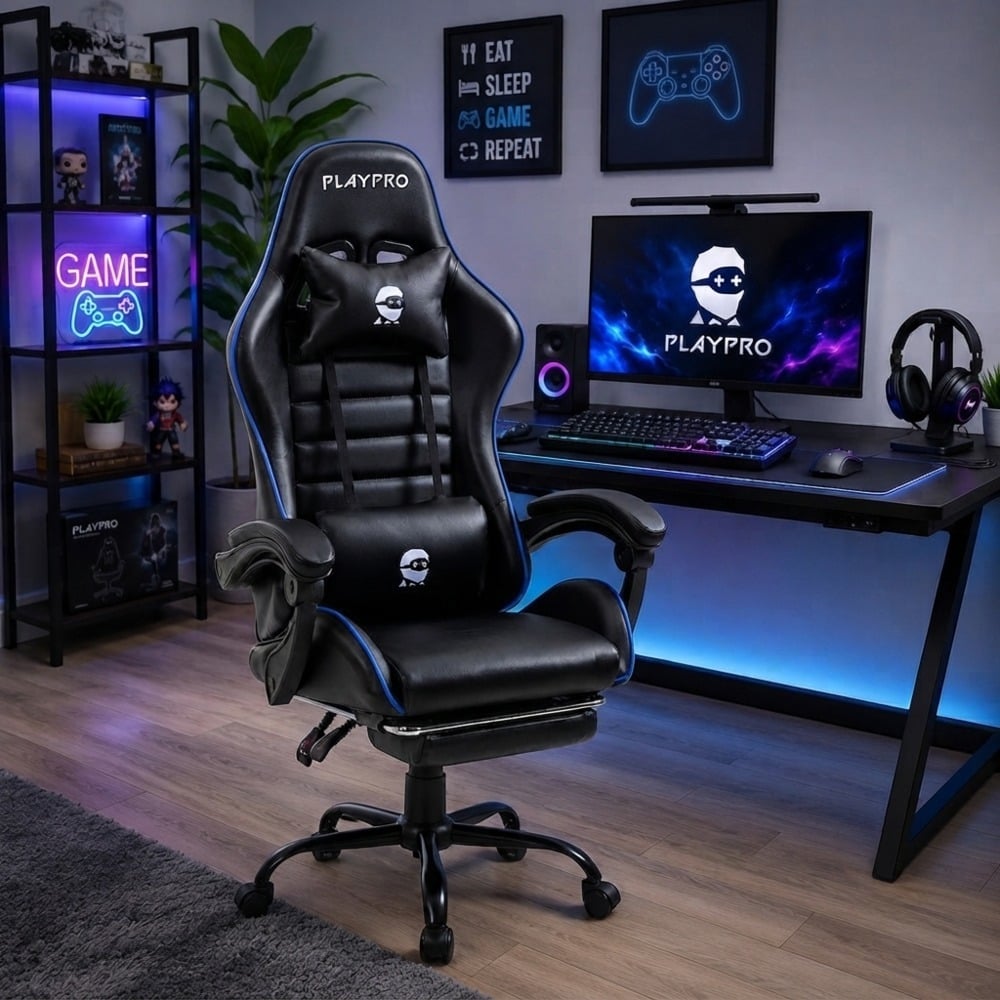 SILLA GAMER CON MASAJEADOR LUMBAR PLAYPRO X1 AZUL BASE DE METAL - 1