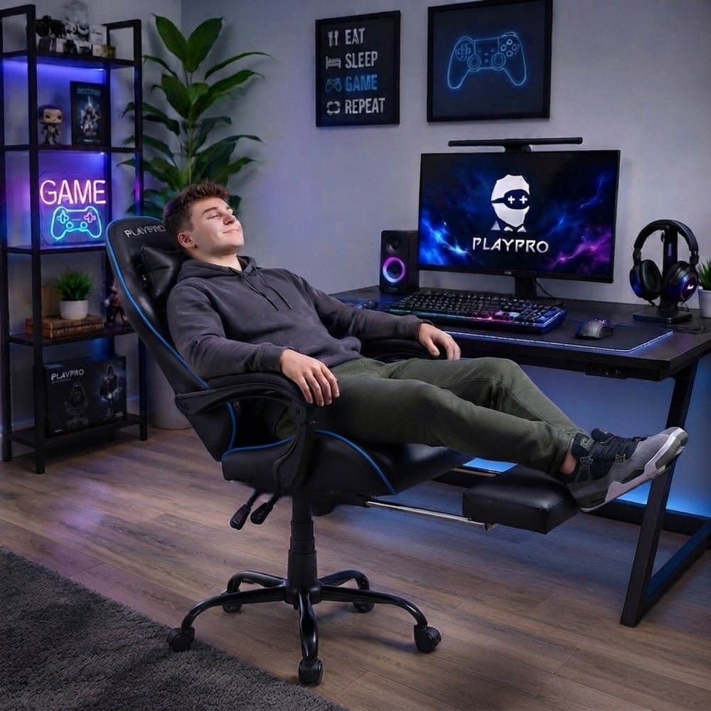 SILLA GAMER CON MASAJEADOR LUMBAR PLAYPRO X1 AZUL BASE DE METAL - 2