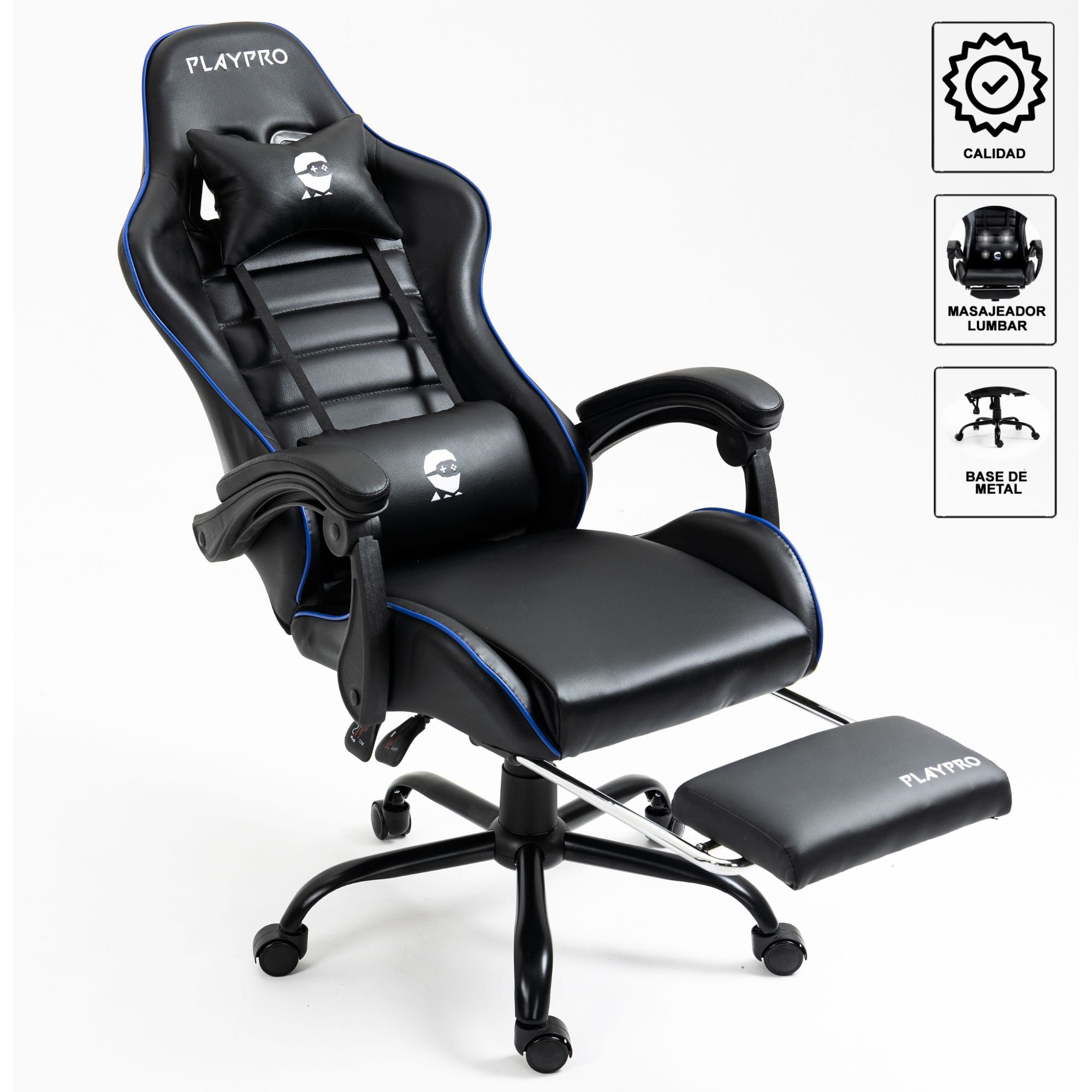 SILLA GAMER CON MASAJEADOR LUMBAR PLAYPRO X1 AZUL BASE DE METAL - 3