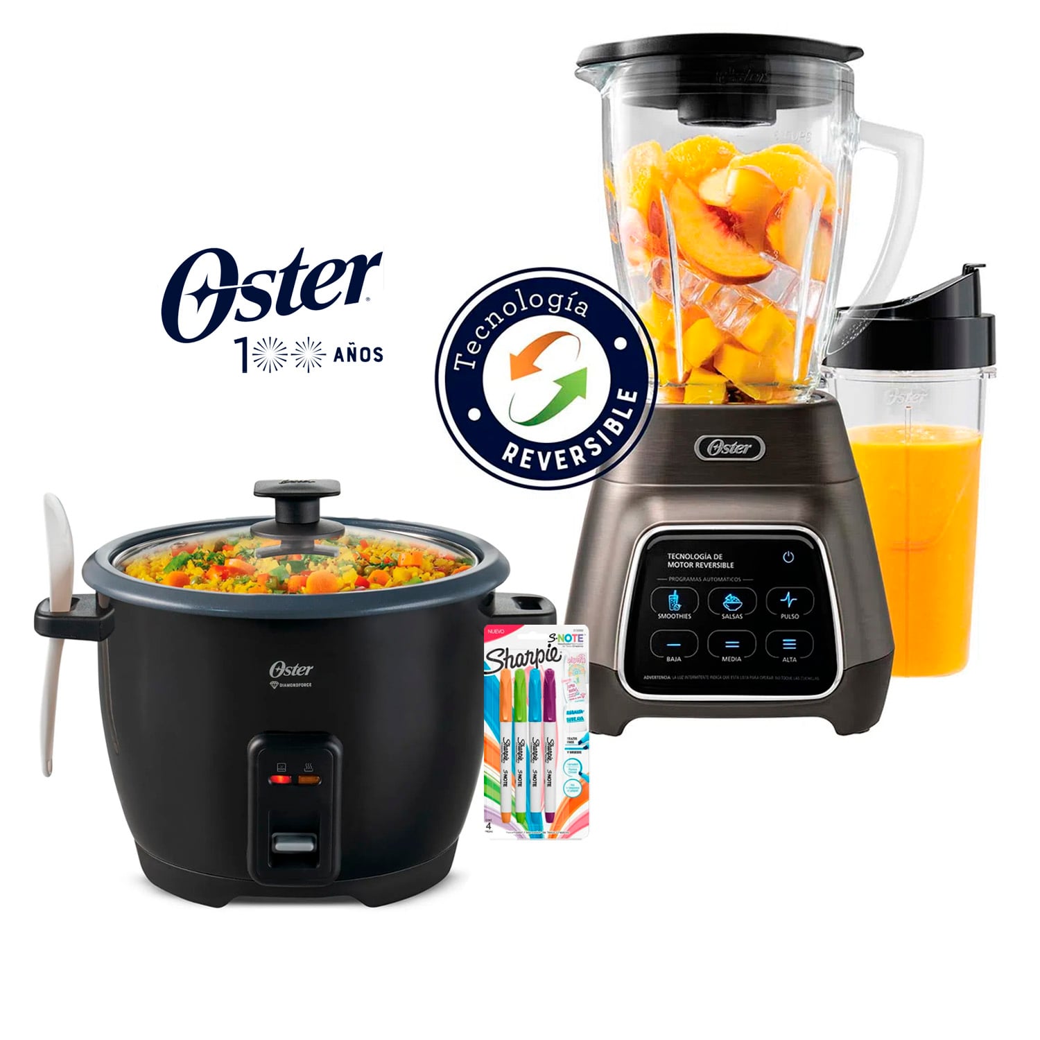 KIT LICUADORA REVERSIBLE OSTER BLSTPYG1312XBG CON PANTALLA TÁCTIL Y OLLA ARROCERA 1.8 L CKSTRCB10DFBLK NEGRA - 1