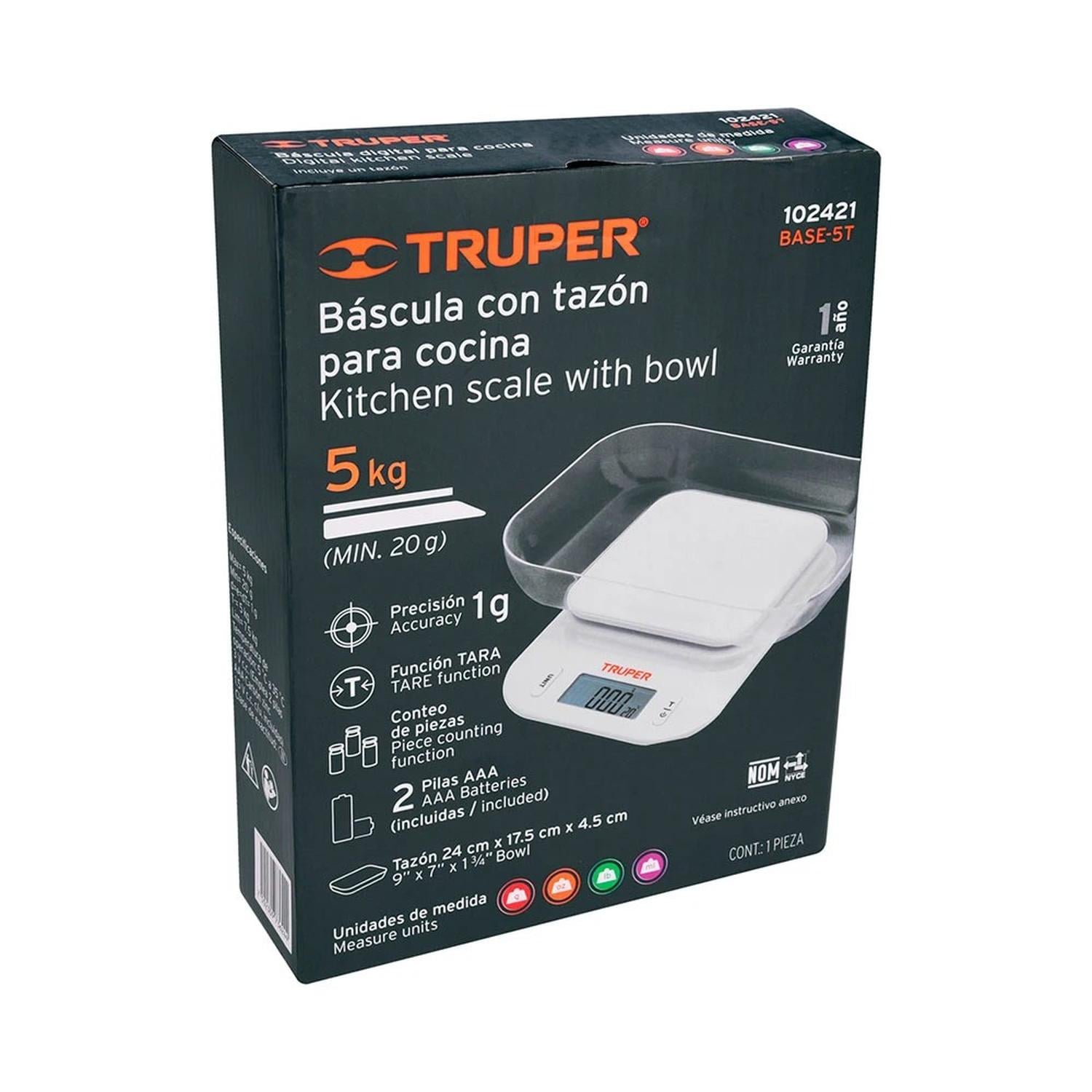 BALANZA DIGITAL DE COCINA TRUPER 5 KG CON TAZÓN TRANSLÚCIDO BASE-5T - 5