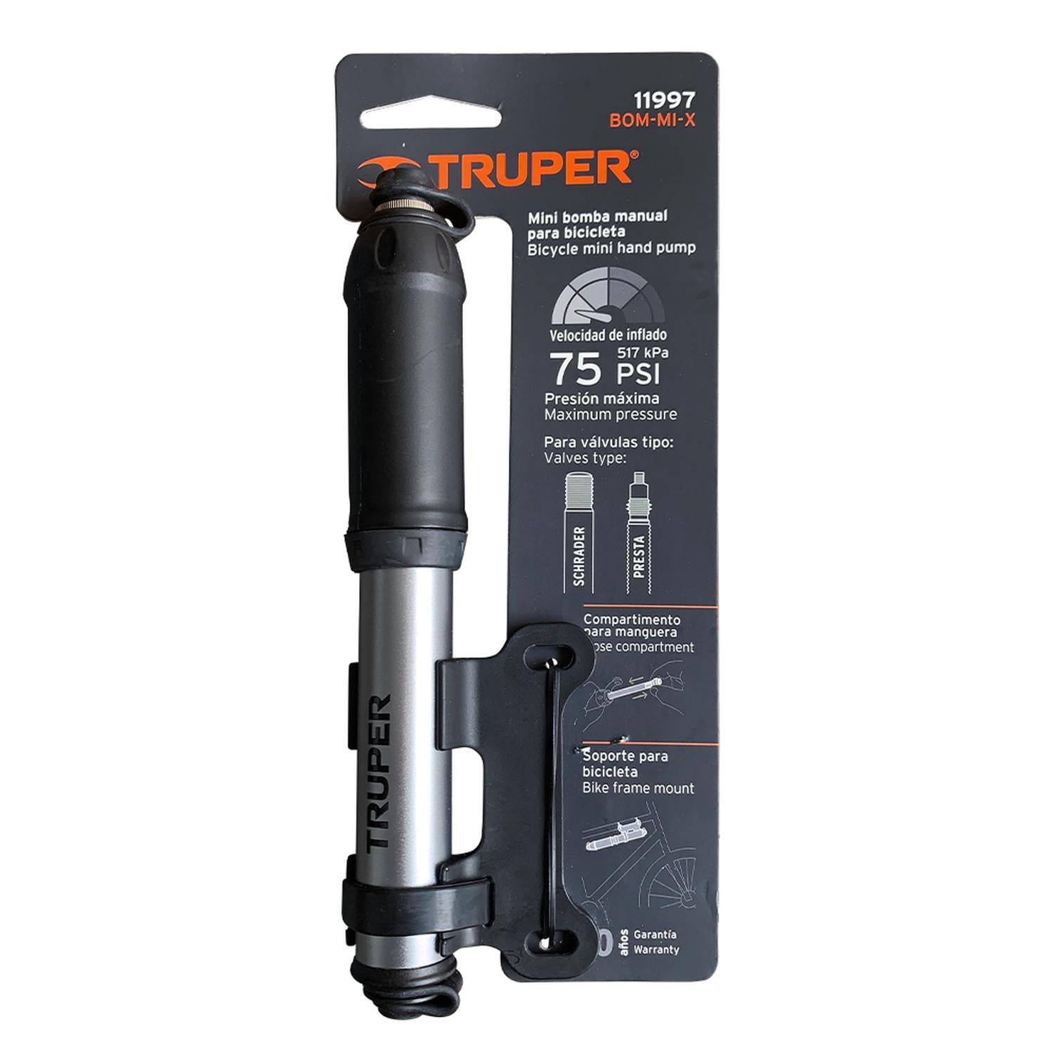 INFLADOR PORTÁTIL PARA BICICLETAS 75 PSI TRUPER BOM-MI-X - 2