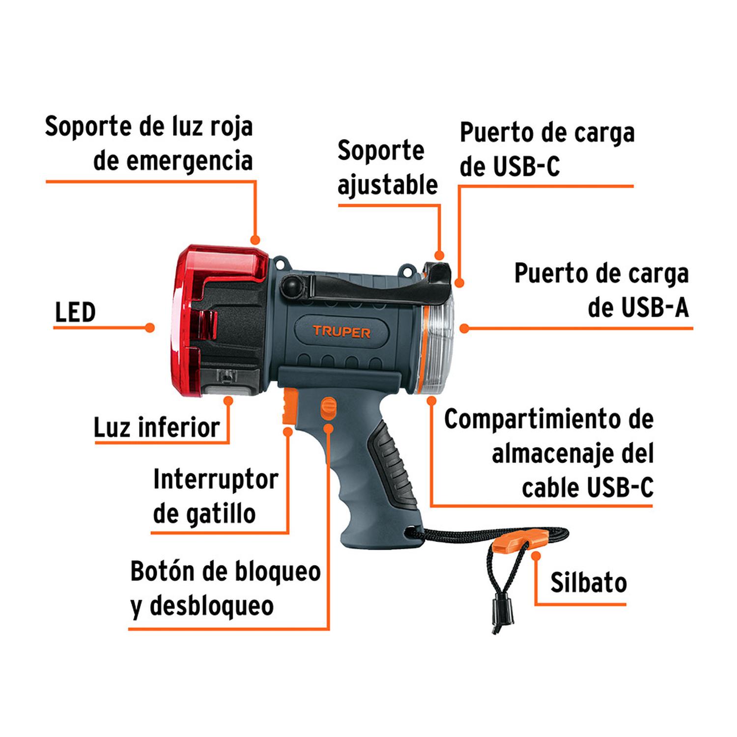 LINTERNA REFLECTORA RECARGABLE TRUPER LED 2000LM FILTRO ROJO EXTRAÍBLE Y SILBATO DE EMERGENCIA - 2