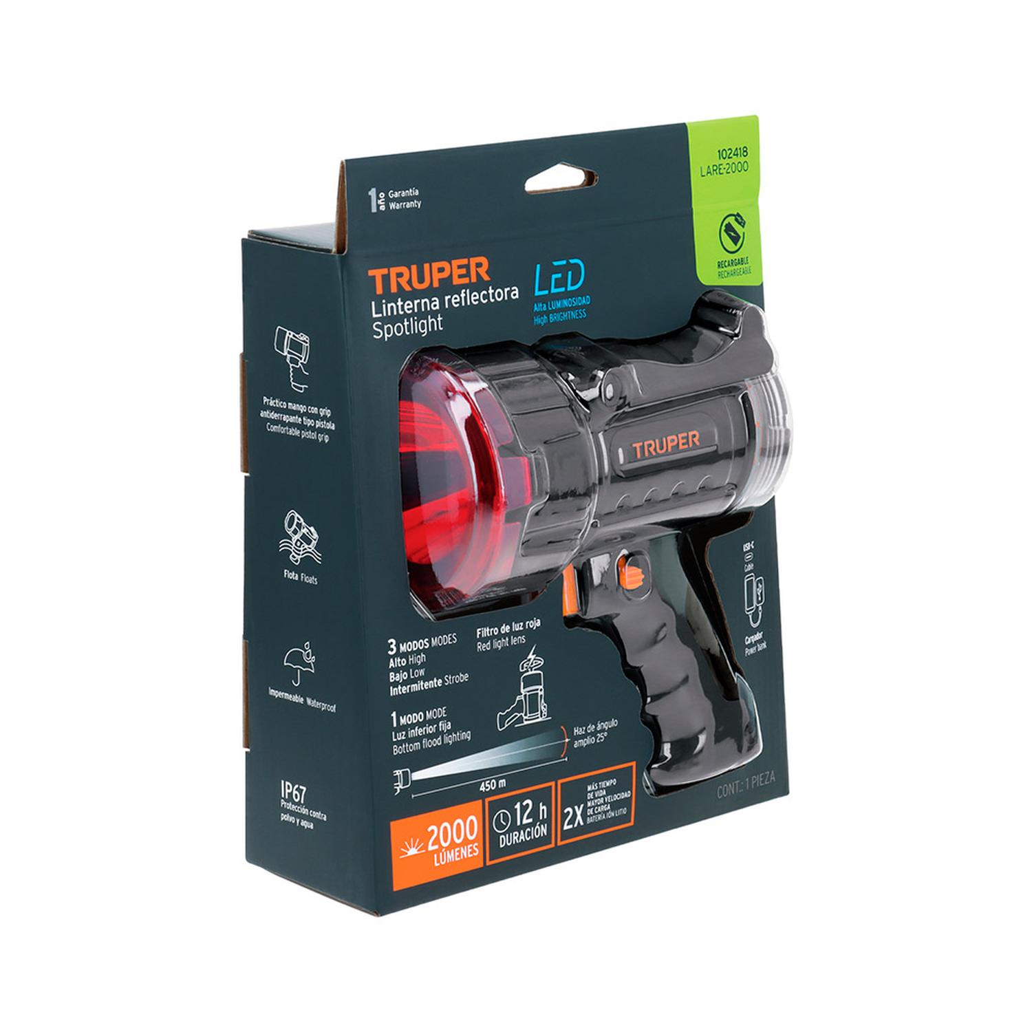 LINTERNA REFLECTORA RECARGABLE TRUPER LED 2000LM FILTRO ROJO EXTRAÍBLE Y SILBATO DE EMERGENCIA - 7