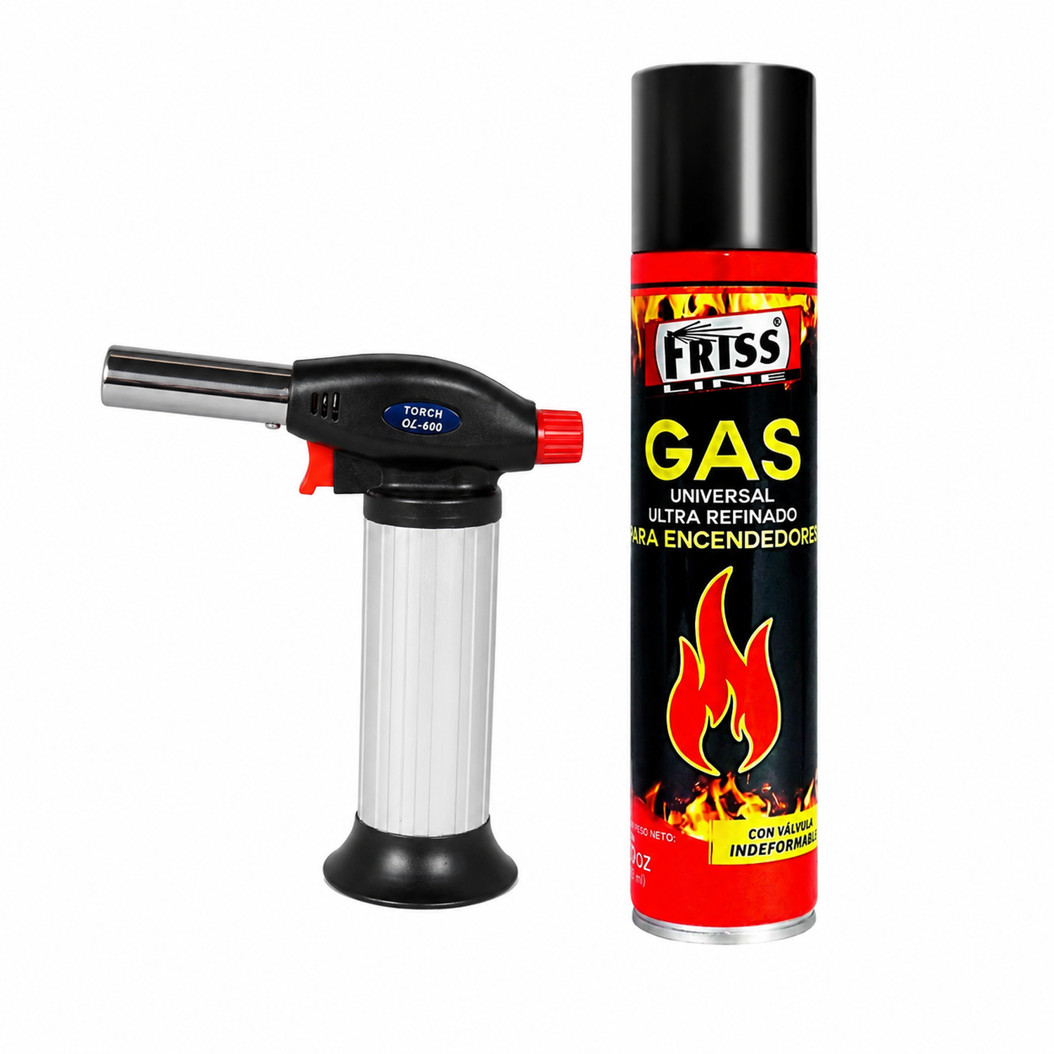 COMBO SOPLETE FLAMEADOR OL-600 + GAS BUTANO FRISS 480ML PARA COCINA - 1