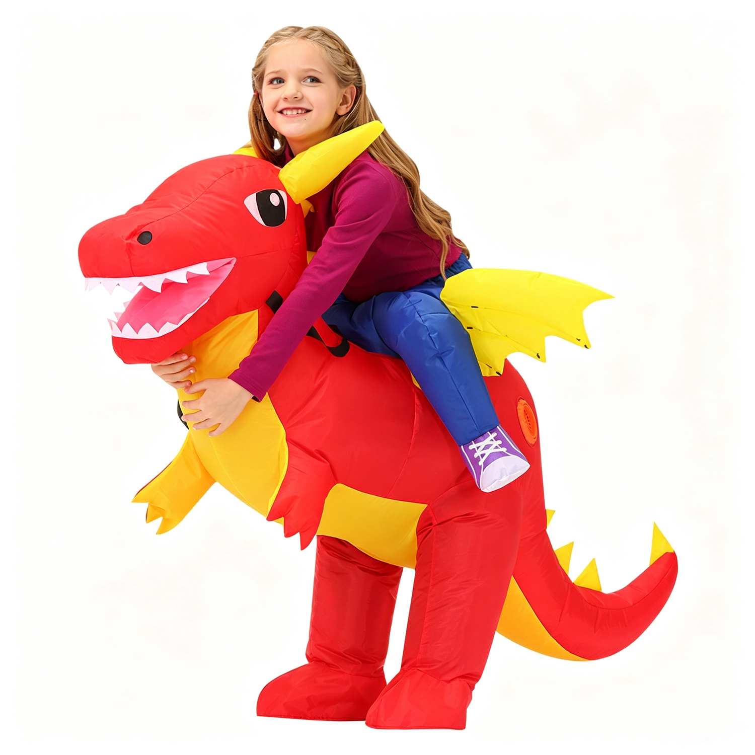 DISFRAZ INFLABLE DE DINOSAURIO MONTABLE ROJO NIÑO PARA HALLOWEEN Y COSPLAY - 1