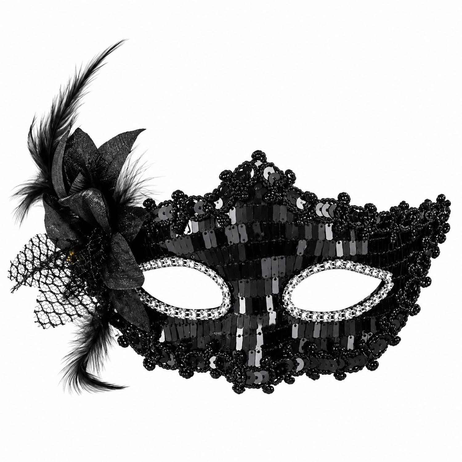 ANTIFAZ DE ENCAJE VENECIANO CON PLUMAS NEGRO HALLOWEEN Y COSPLAY - 1