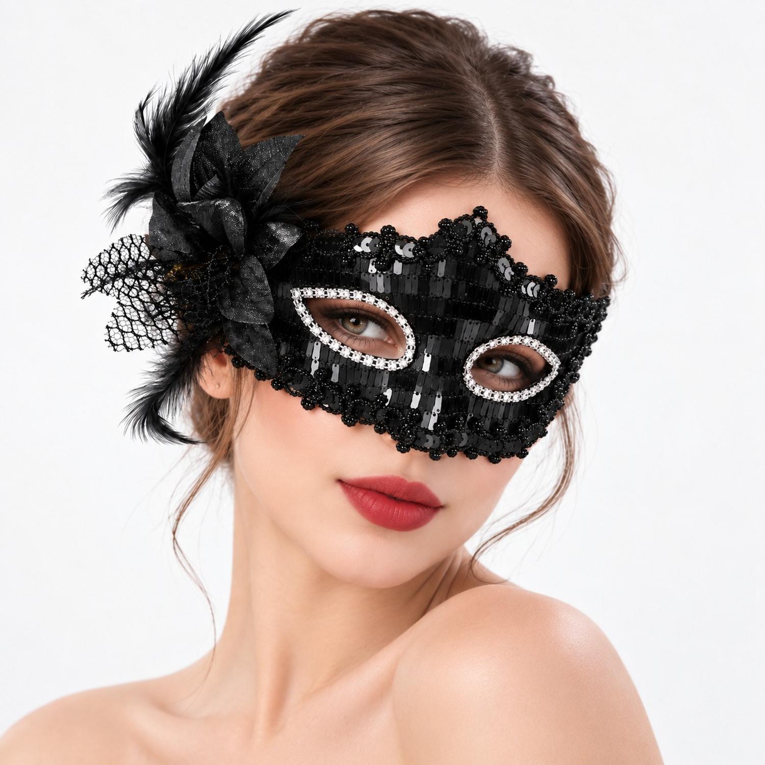 ANTIFAZ DE ENCAJE VENECIANO CON PLUMAS NEGRO HALLOWEEN Y COSPLAY - 2