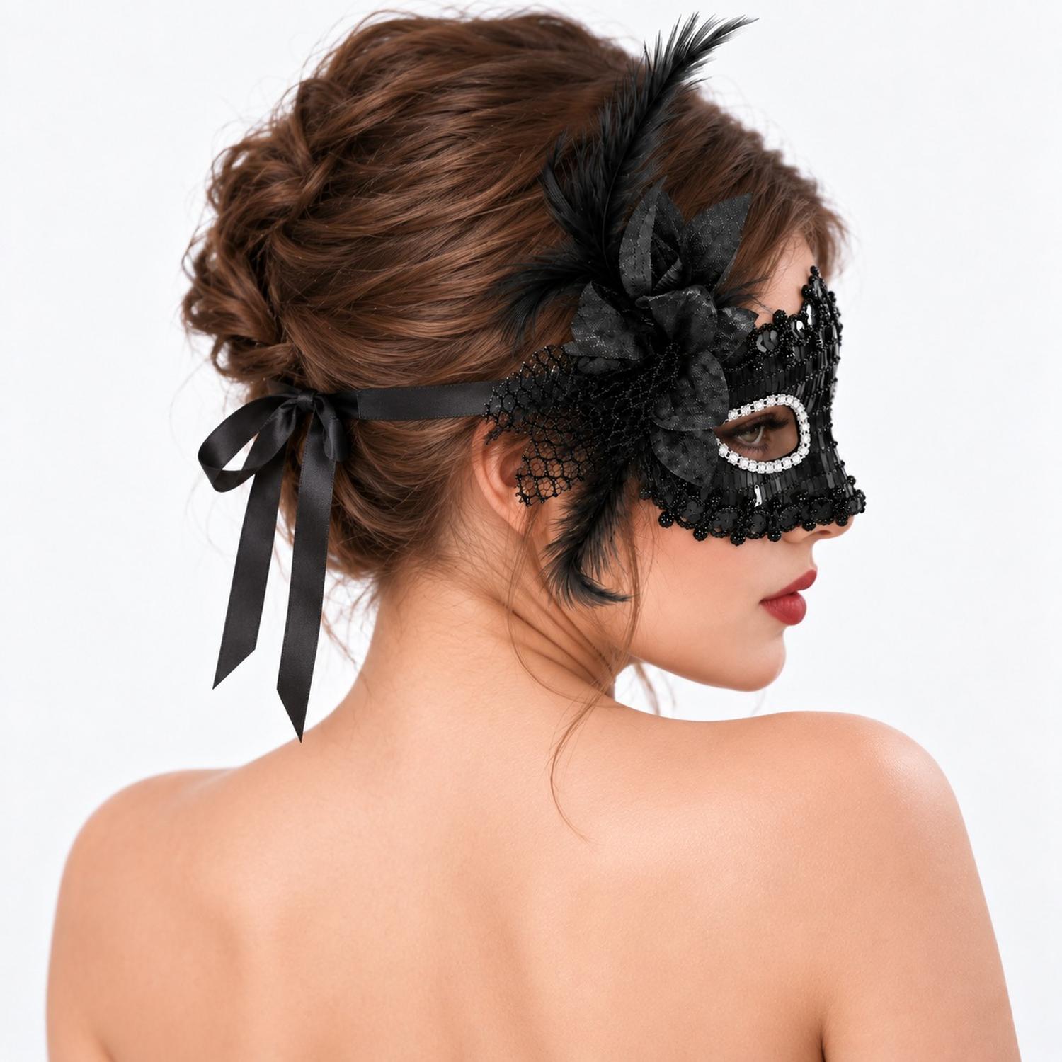ANTIFAZ DE ENCAJE VENECIANO CON PLUMAS NEGRO HALLOWEEN Y COSPLAY - 3