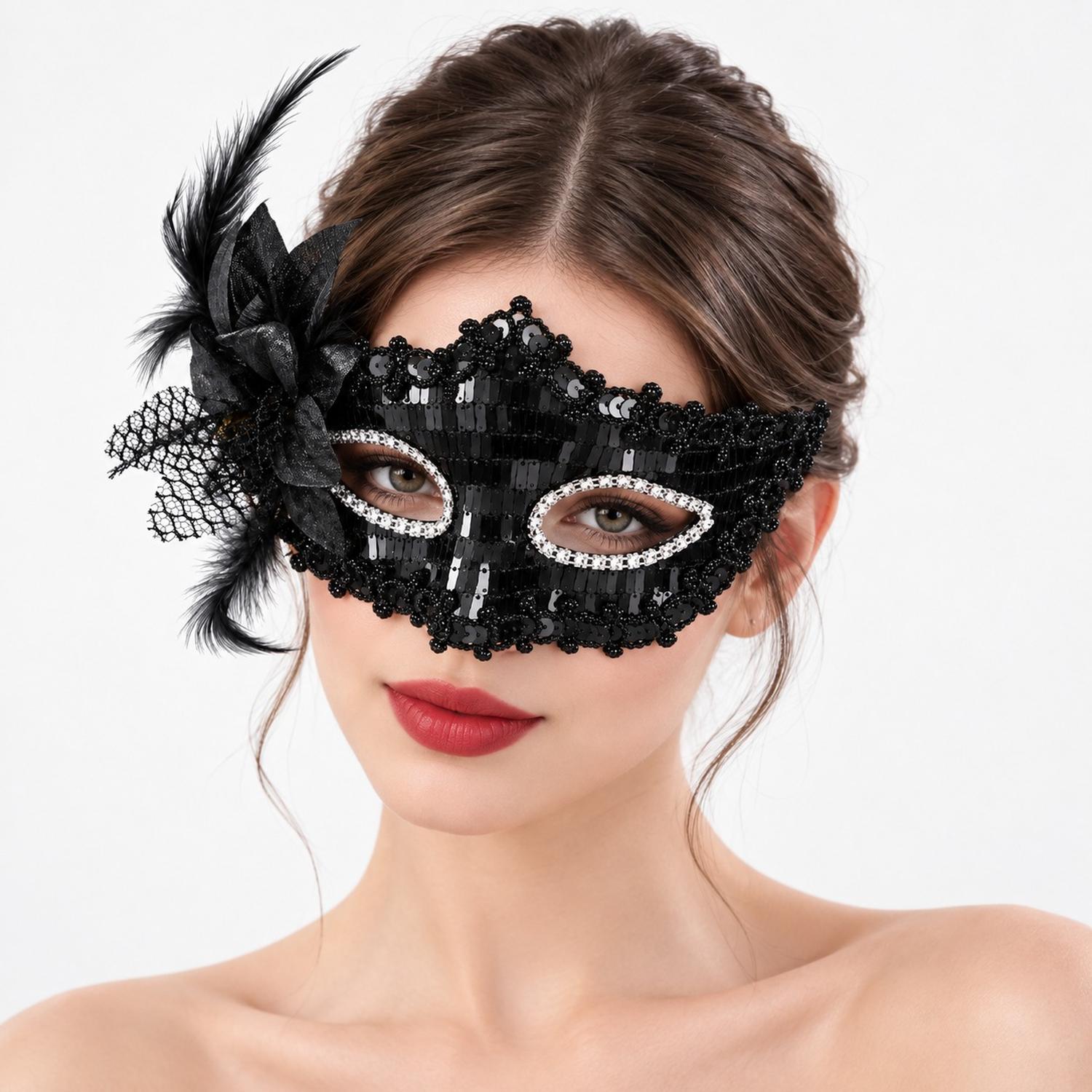 ANTIFAZ DE ENCAJE VENECIANO CON PLUMAS NEGRO HALLOWEEN Y COSPLAY - 4