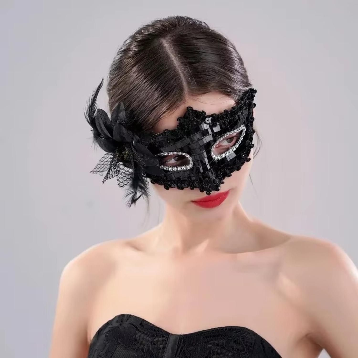 ANTIFAZ DE ENCAJE VENECIANO CON PLUMAS NEGRO HALLOWEEN Y COSPLAY - 5