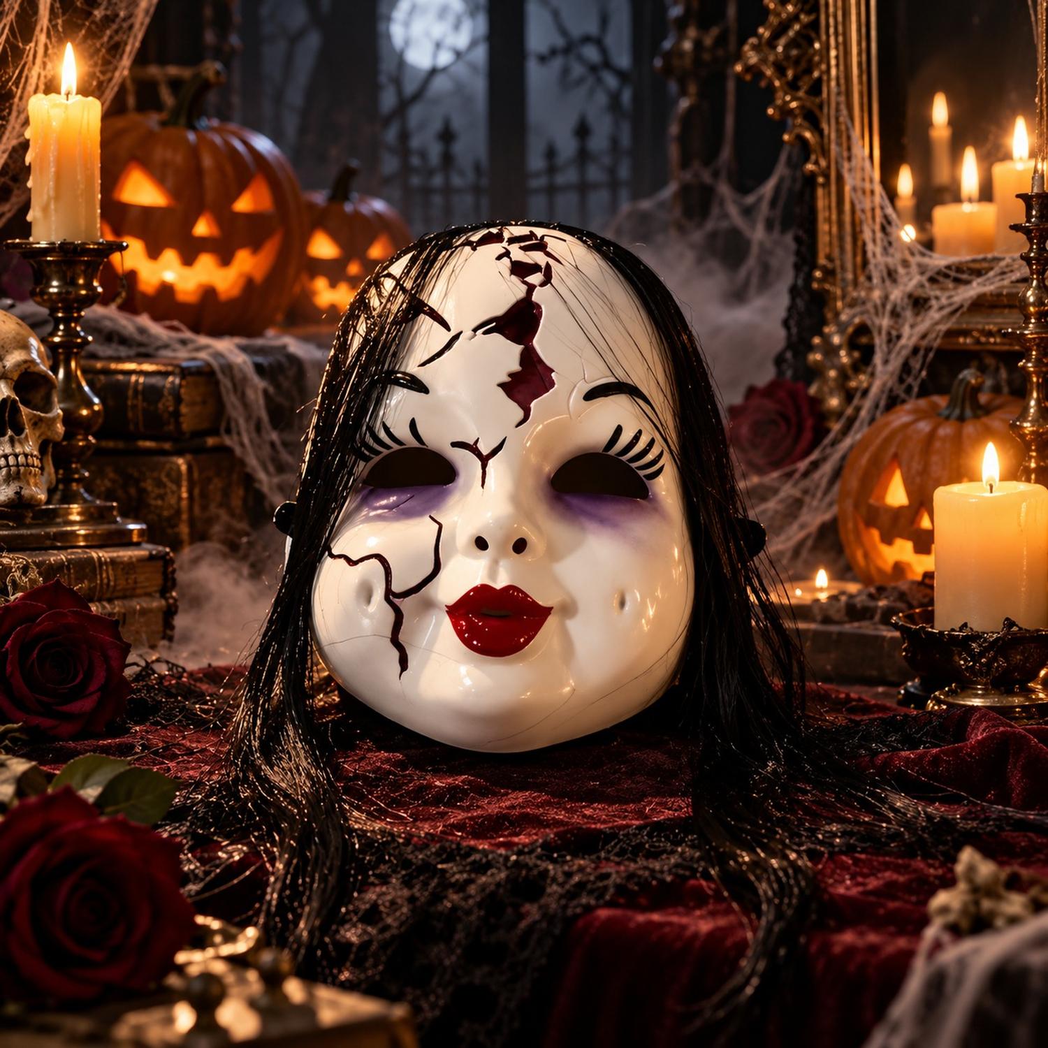 MÁSCARA DE MUÑECA DE PORCELANA MALDITA CON CABELLO PARA HALLOWEEN Y COSPLAY - 8
