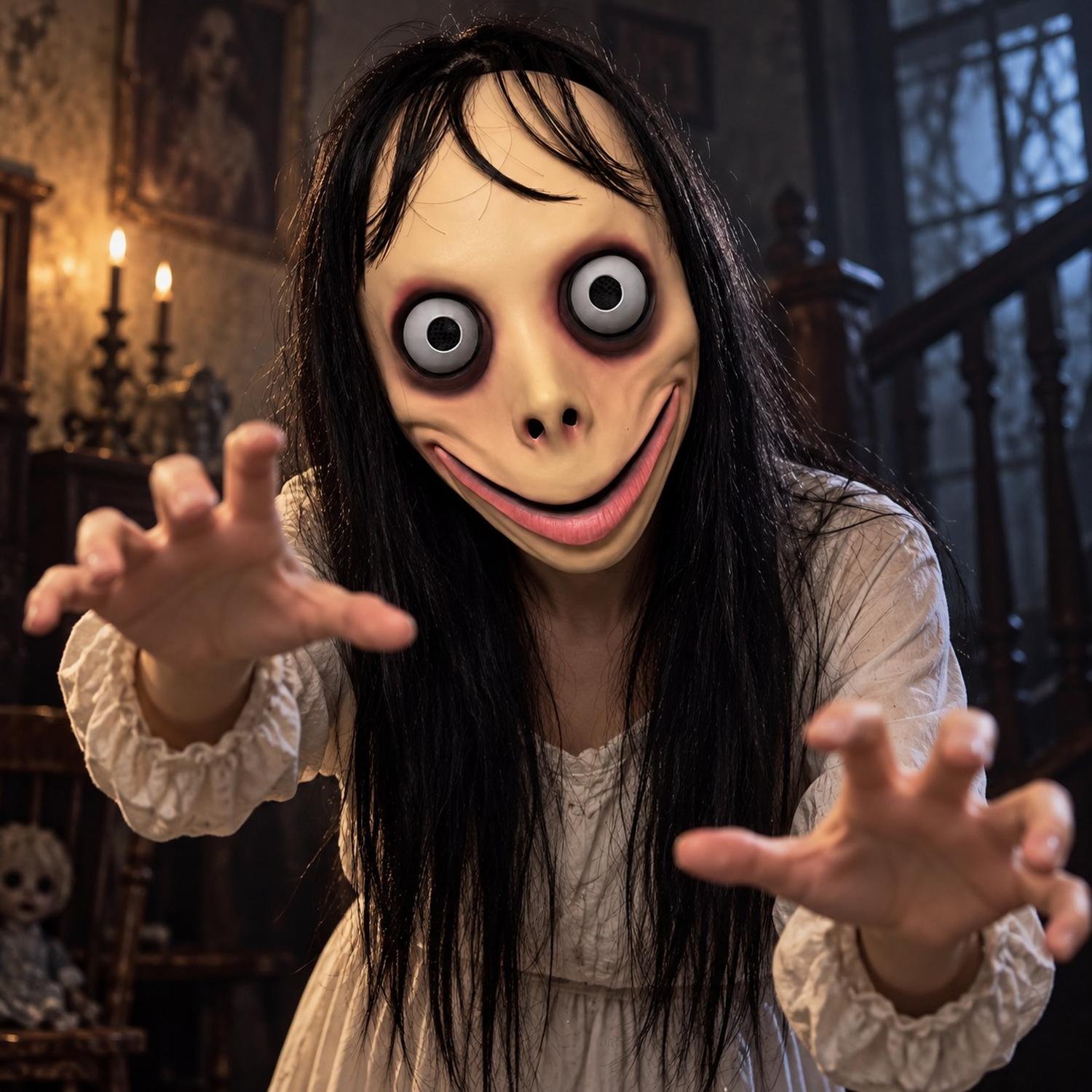 MÁSCARA DE MOMO CON CABELLO NEGRO DE LÁTEX PARA HALLOWEEN Y COSPLAY - 5
