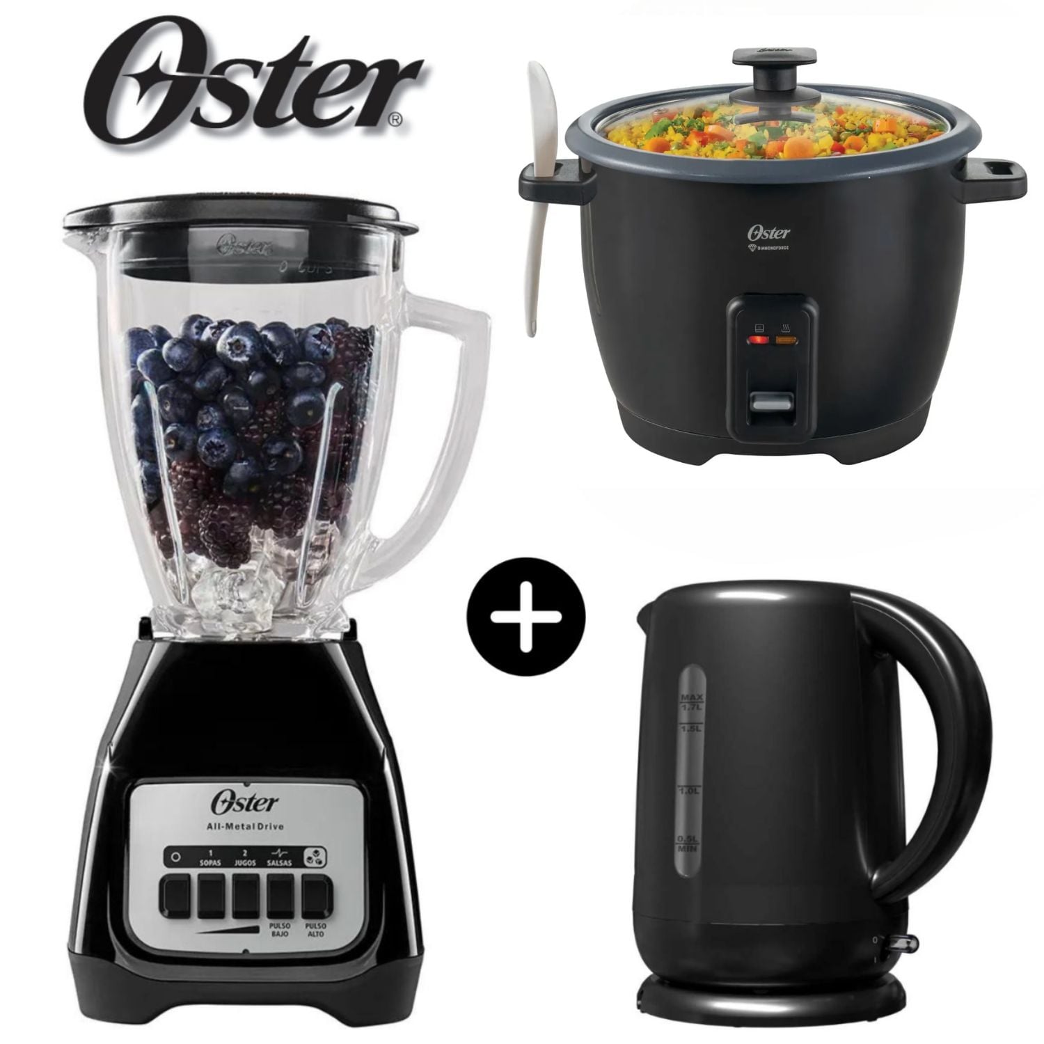 TRICOMBO NEGRO OSTER LICUADORA 800 W +ARROCERA 1,8LT+HERVIDOR DE 1,7 LITROS - 1