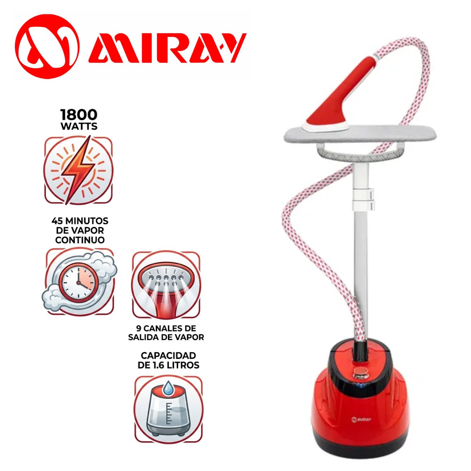 VAPORIZADOR DE PRENDAS VERTICAL MIRAY VPM-10 1800 WATTS Y TANQUE 1.6 LITROS ROJO - 1