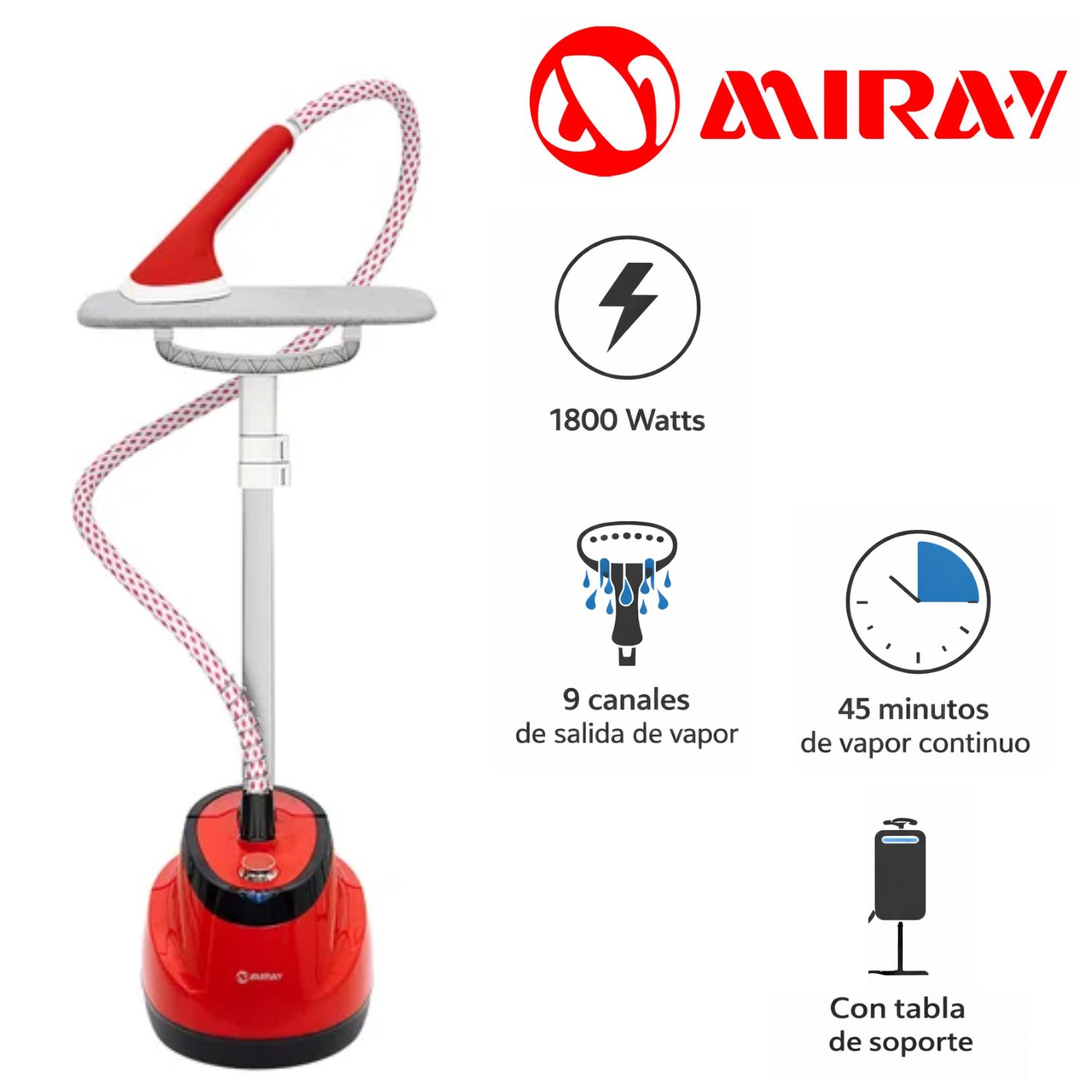 VAPORIZADOR DE PRENDAS MIRAY VPM 10 CON TABLA DE SOPORTE 1800 WATTS ROJO - 1