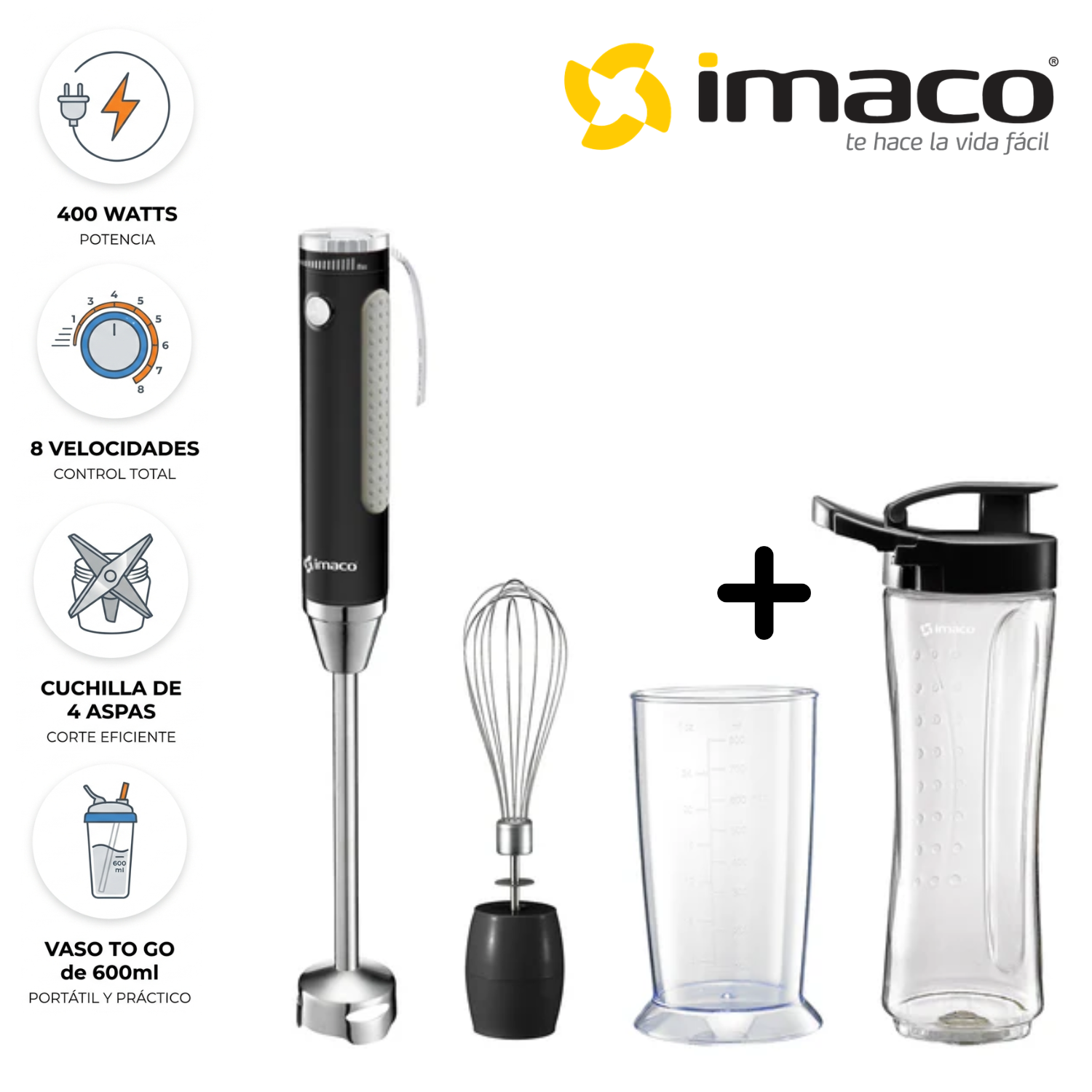 BATIDORA DE INMERSIÓN IMACO HB400 CON ACCESORIOS 400 WATTS - NEGRO - 1
