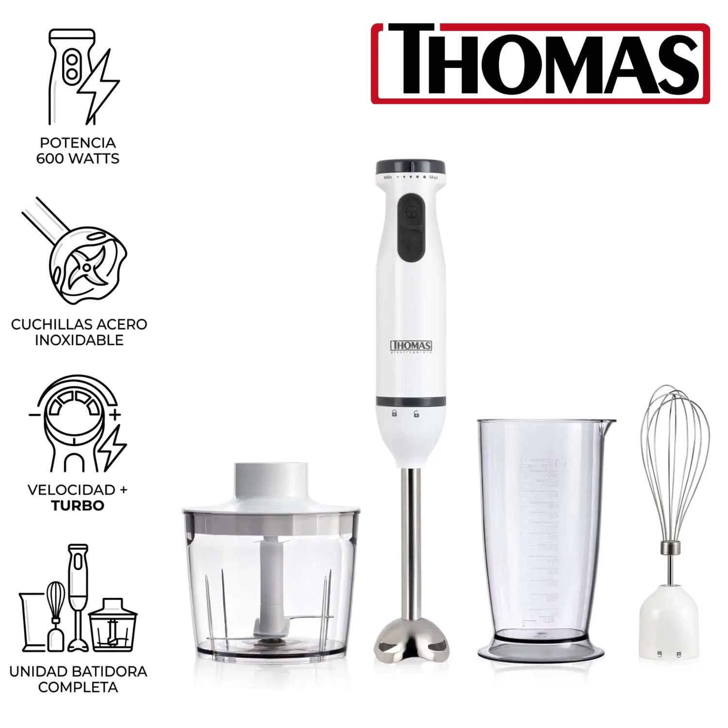 BATIDORA DE INMERSIÓN THOMAS TH-8725 600 WATTS REGULADOR DE VELOCIDADES + TURBO - 1