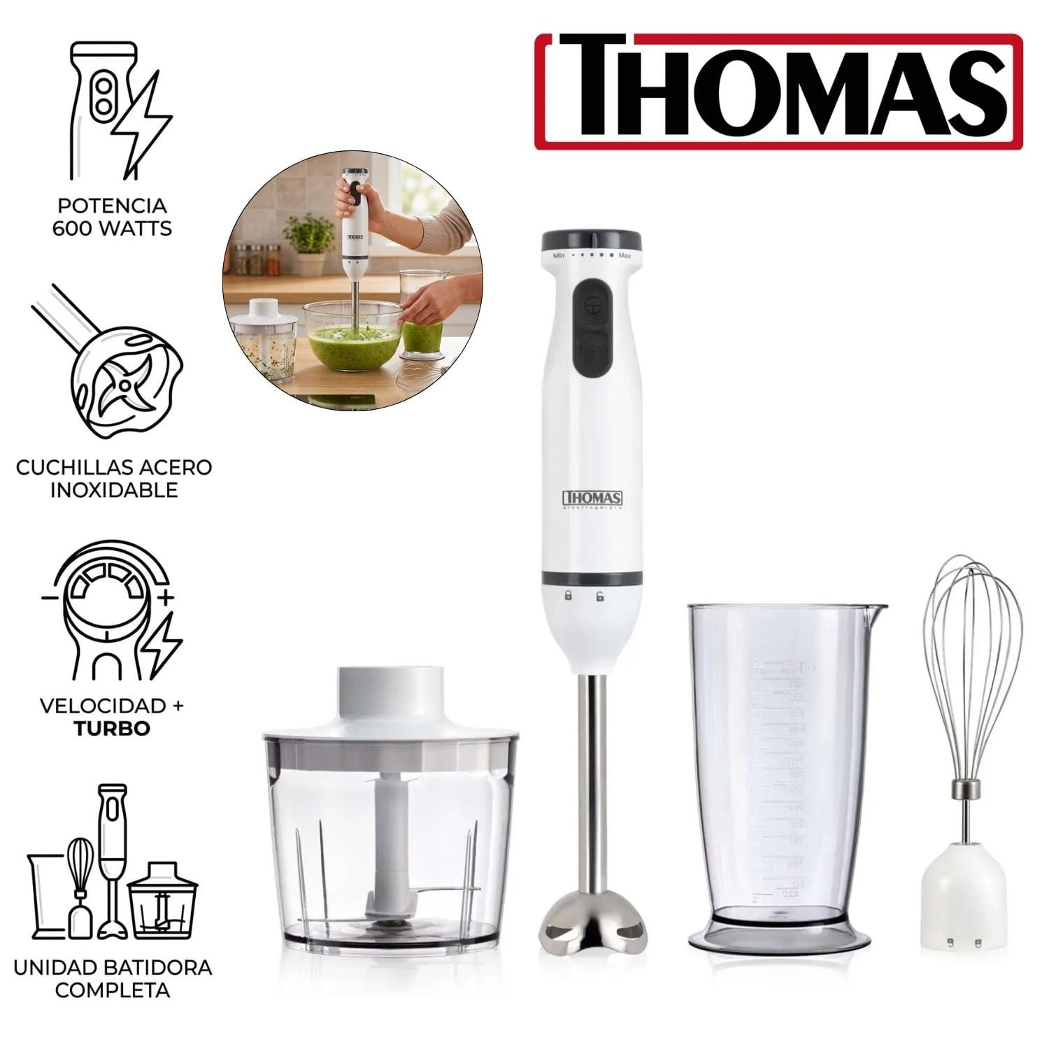 LICUADORA DE INMERSIÓN THOMAS TH-8725 600 WATTS MEZCLAR O LICUAR ALIMENTOS DIRECTAMENTE - 1