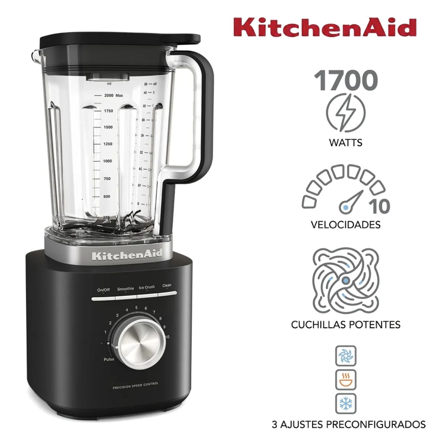 LICUADORA KITCHENAID 1700 WATTS VASO 2 LITROS 10 VELOCIDADES NEGRO - 1