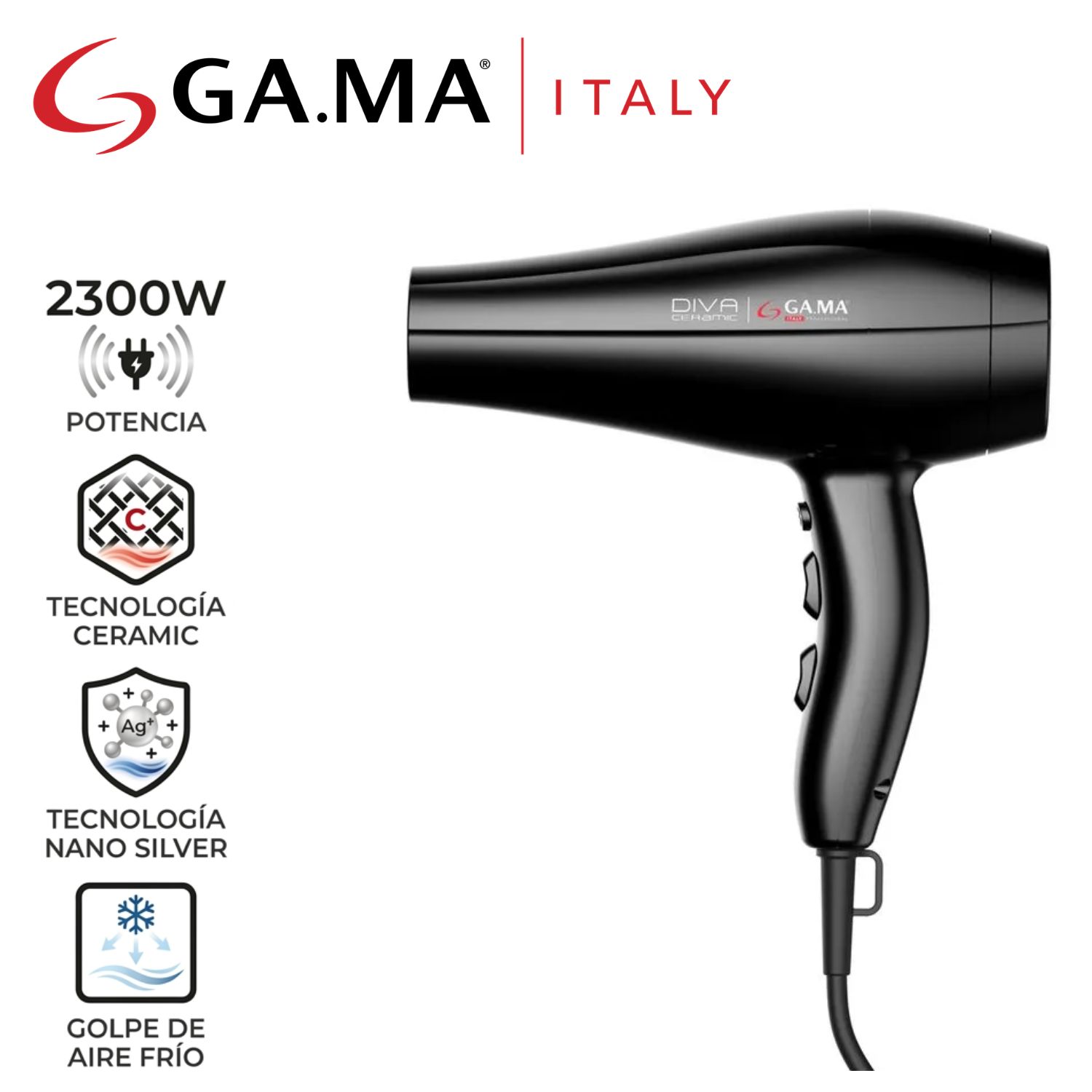 SECADORA PROFESIONAL GAMA DIVA CERÁMICA MOTOR AC  2300 WATTS – NEGRO - 1