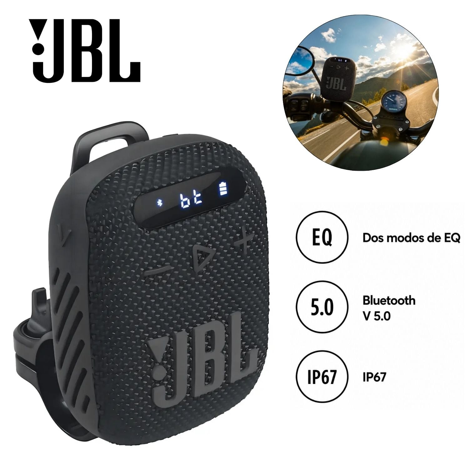 PARLANTE JBL WIND3 PORTÁTIL CON BT WATERPROOF PARA BICI / MOTO – NEGRO - 1