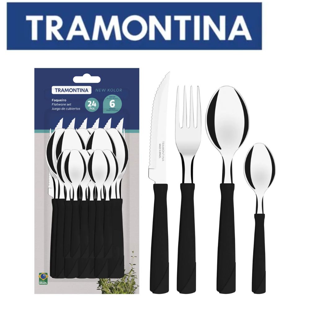 JUEGO DE CUBIERTOS TRAMONTINA LÁMINAS DE ACERO INOXIDABLE Y MANGOS DE POLIPROPILENO NEGRO 24 PIEZAS - 1