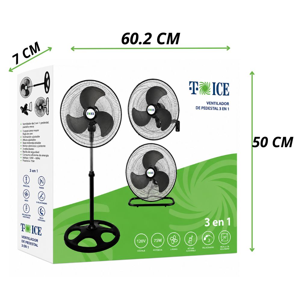 VENTILADOR T-ICE 75 WATTS, 3 ASPAS PEDESTAL, MESA Y PARED - 2