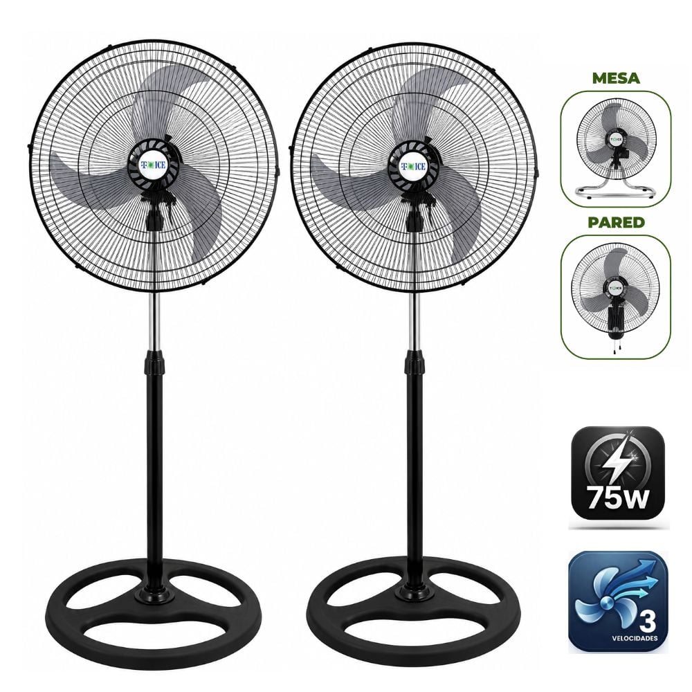 PACK 02 VENTILADORES T-ICE 75 WATTS, 3 ASPAS  PEDESTAL, MESA Y PARED - 1