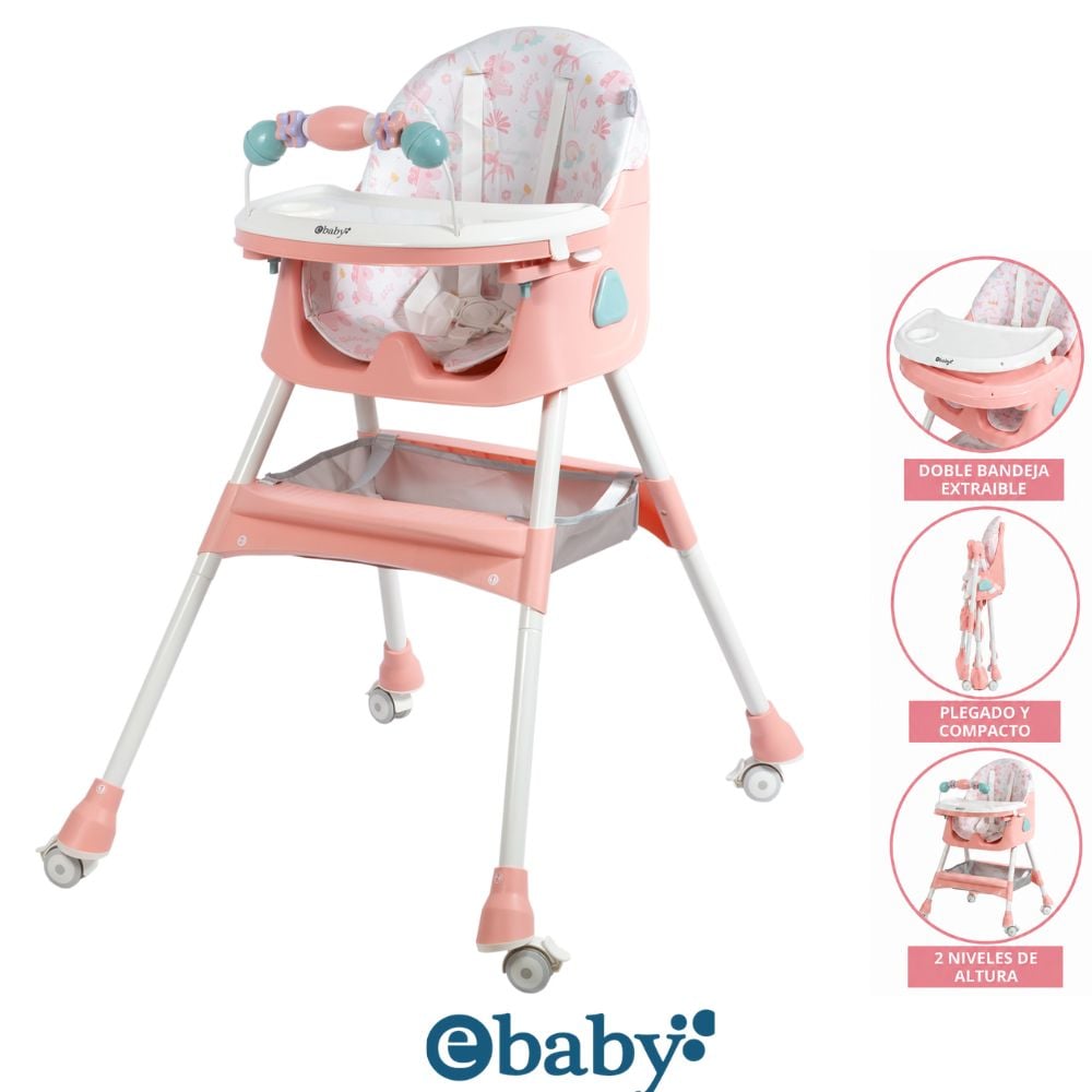 SILLA DE COMER EBABY LULU ROSADO CON RUEDAS DOBLE BANDEJA - 1