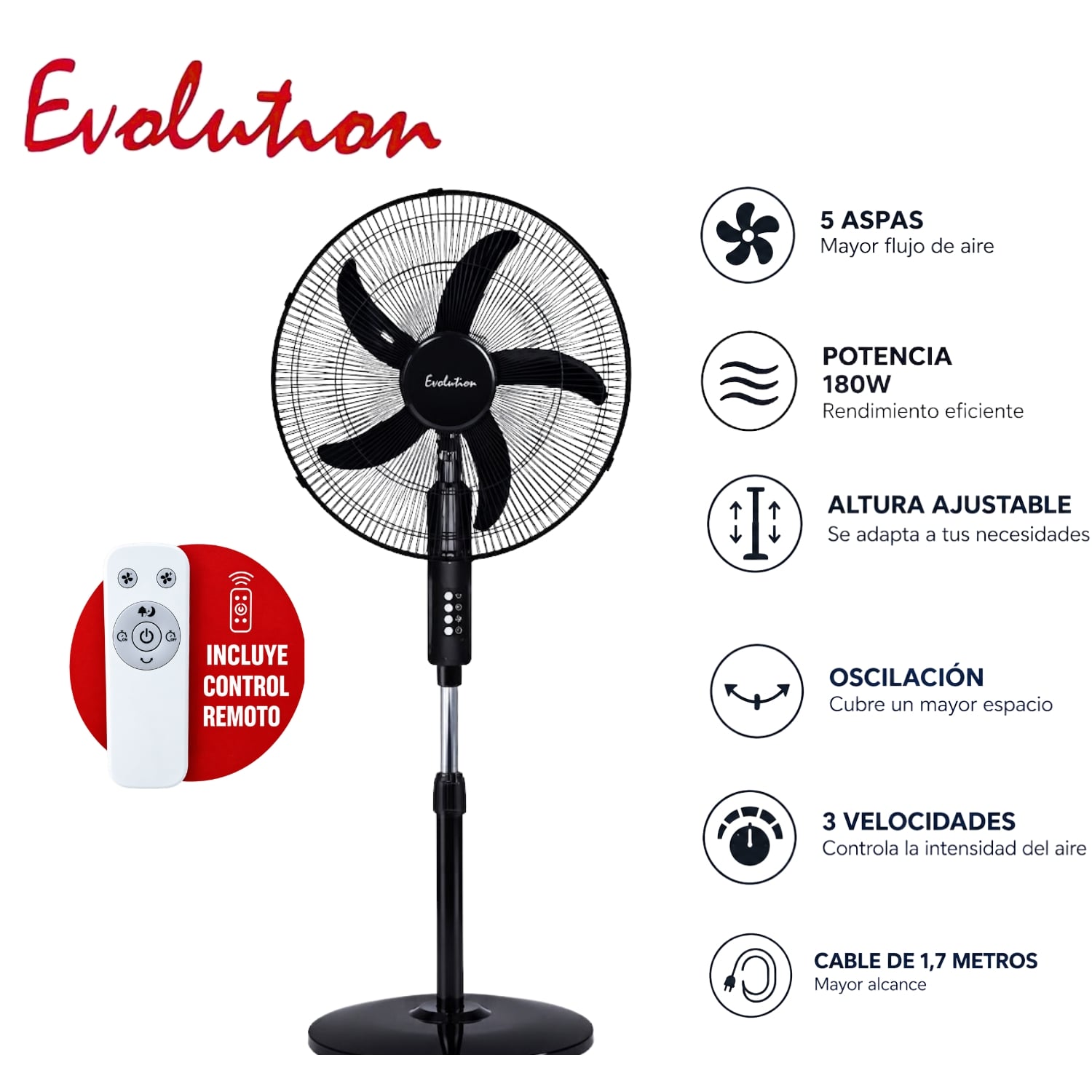 VENTILADOR PEDESTAL EVOLUTION FS45M1R 18” 180W CON CONTROL REMOTO - 1
