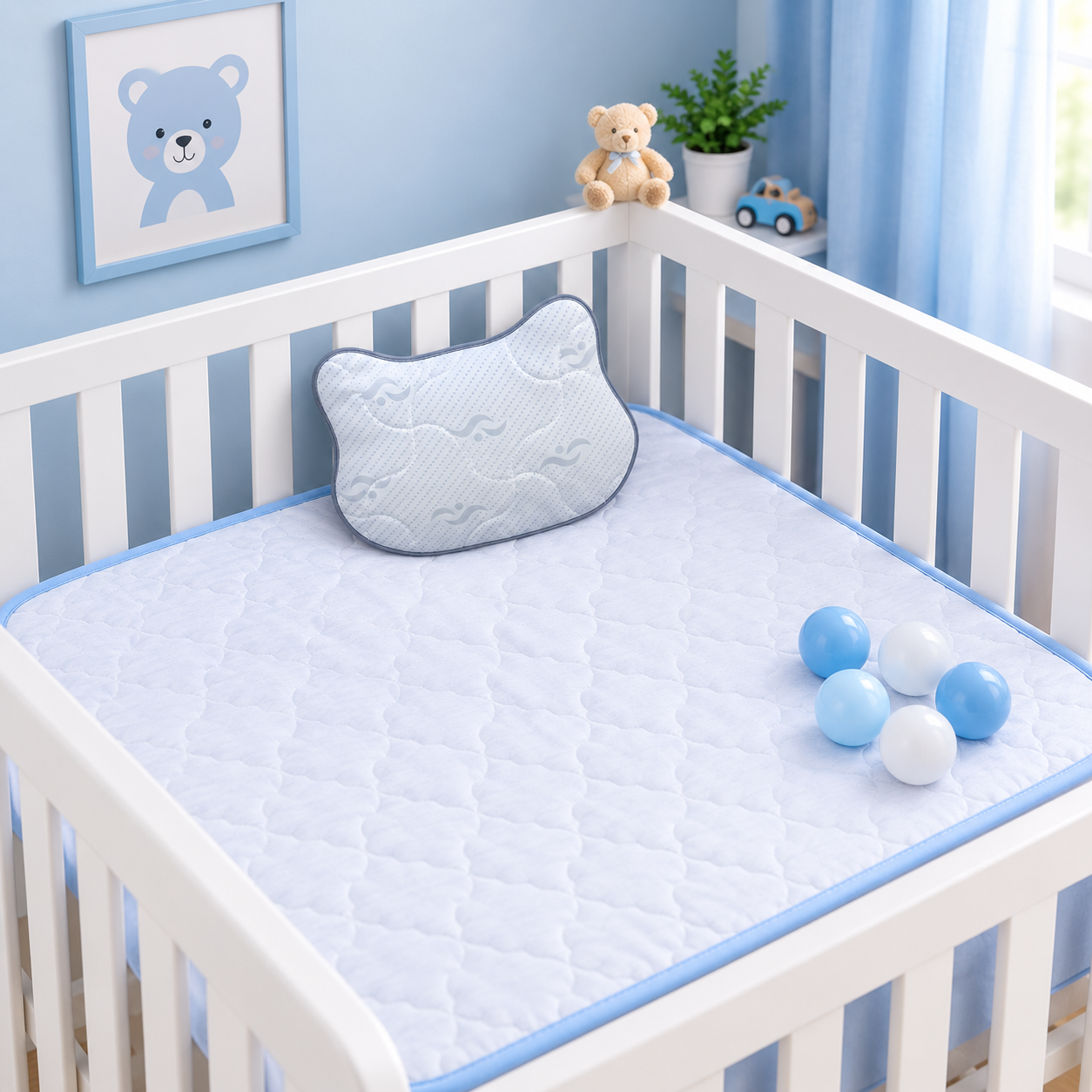 COLCHÓN AZUL PARA CUNA BEBE CON ALMOHADA + 05 PELOTITAS - 1