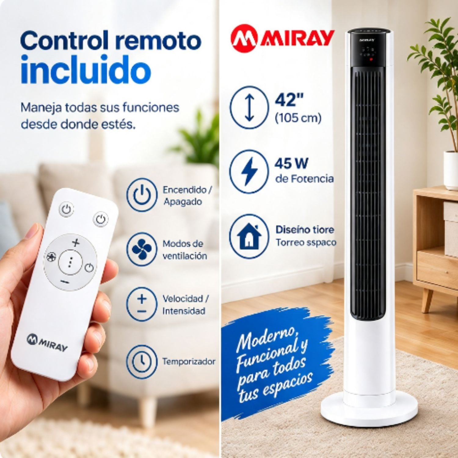 VENTILADOR DE TORRE MIRAY VMTT-1037R 42' 45W CON CONTROL REMOTO - 4